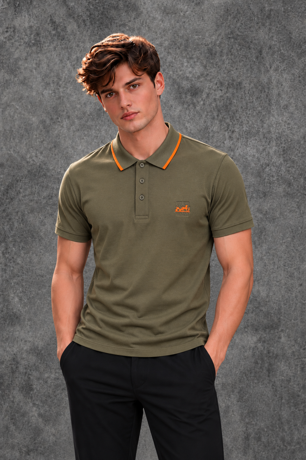 Hermes Men's Khaki Green Short Sleeve Polo Shirt