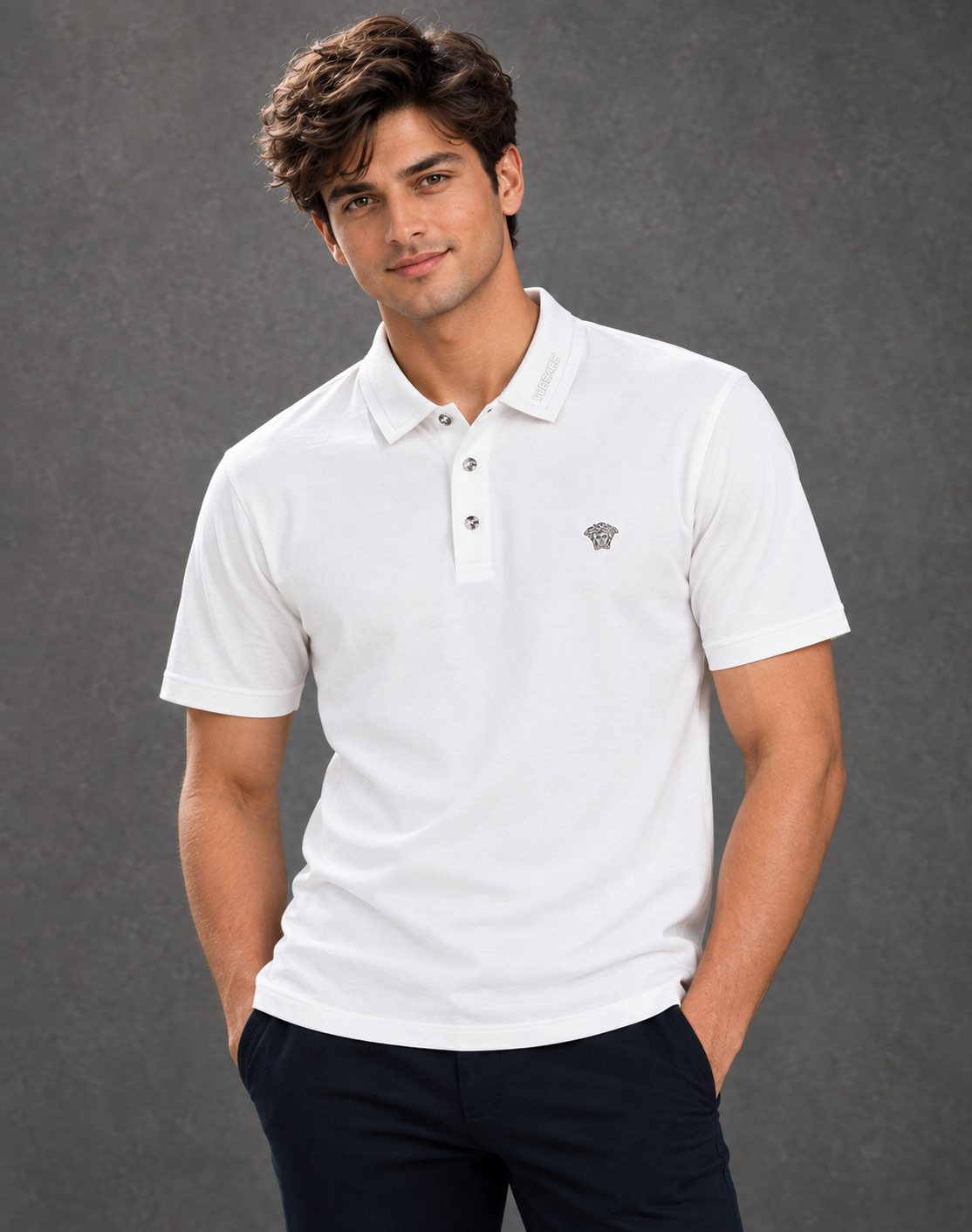 Emporio Armani Men's Off-White Waffle Knit Short Sleeve Polo Shirt