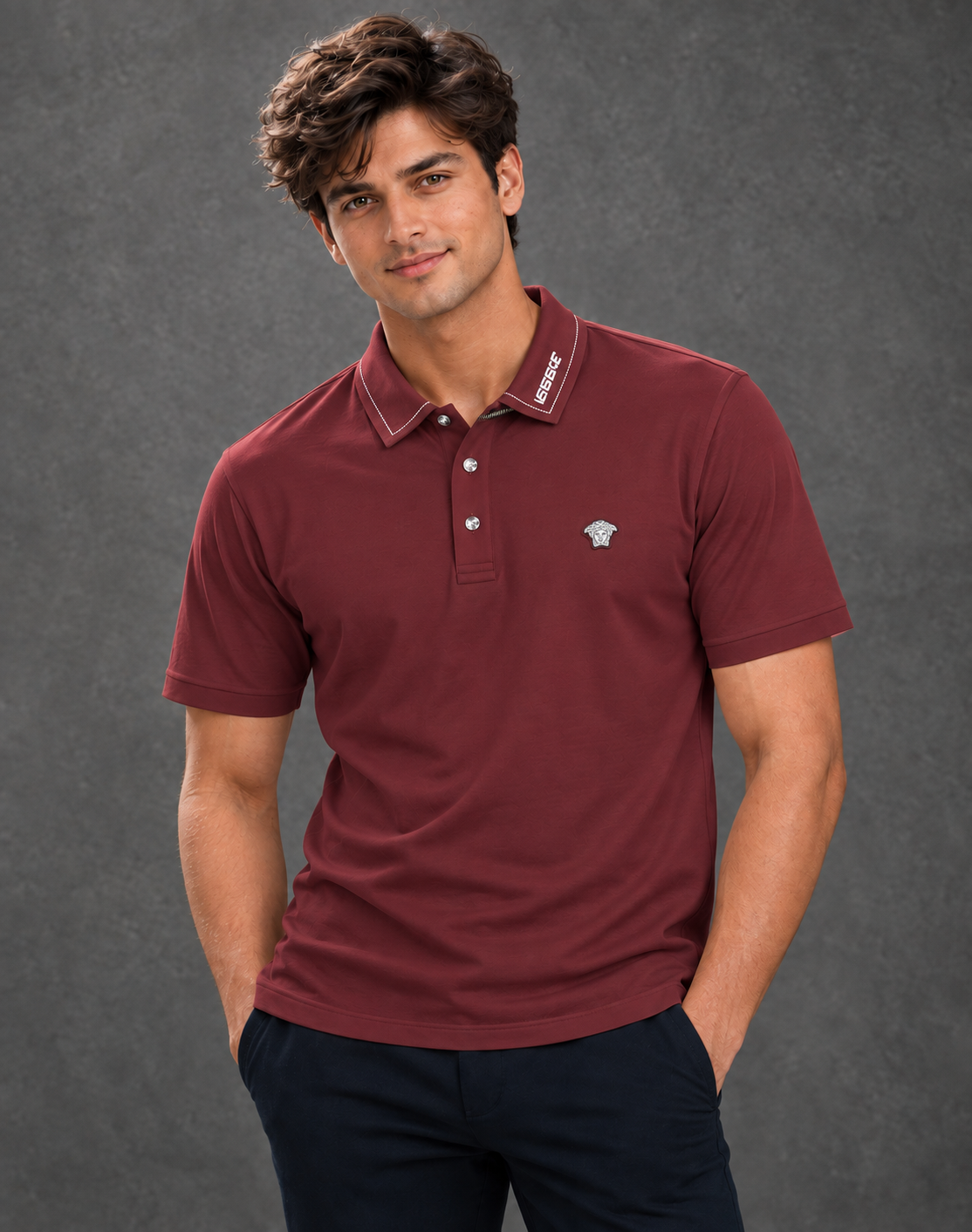 Versace Men's Burgundy Red Greca Trim Short Sleeve Polo Shirt