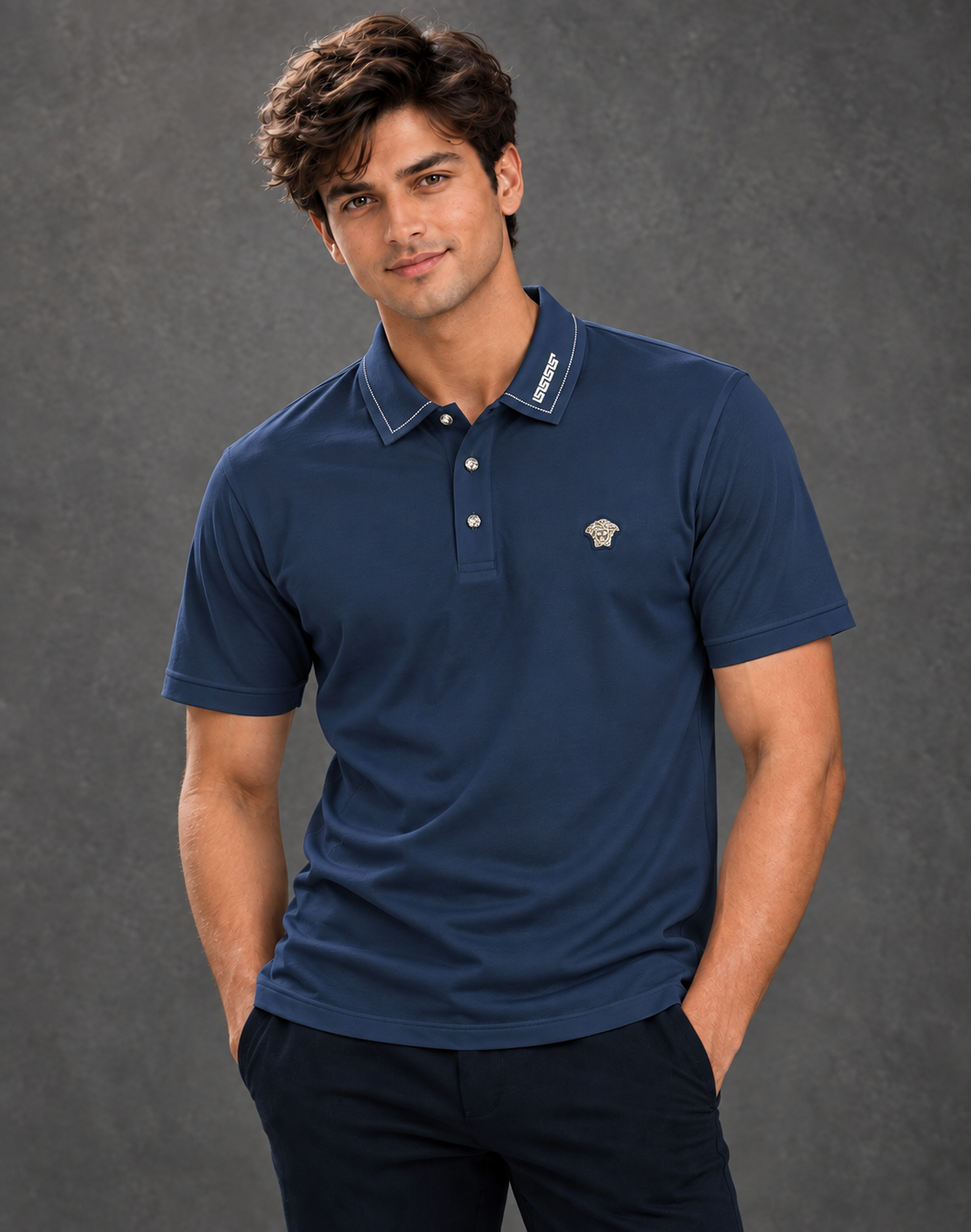 Dolce & Gabbana Men's Slate Grey Monogram Jacquard Short Sleeve Polo Shirt