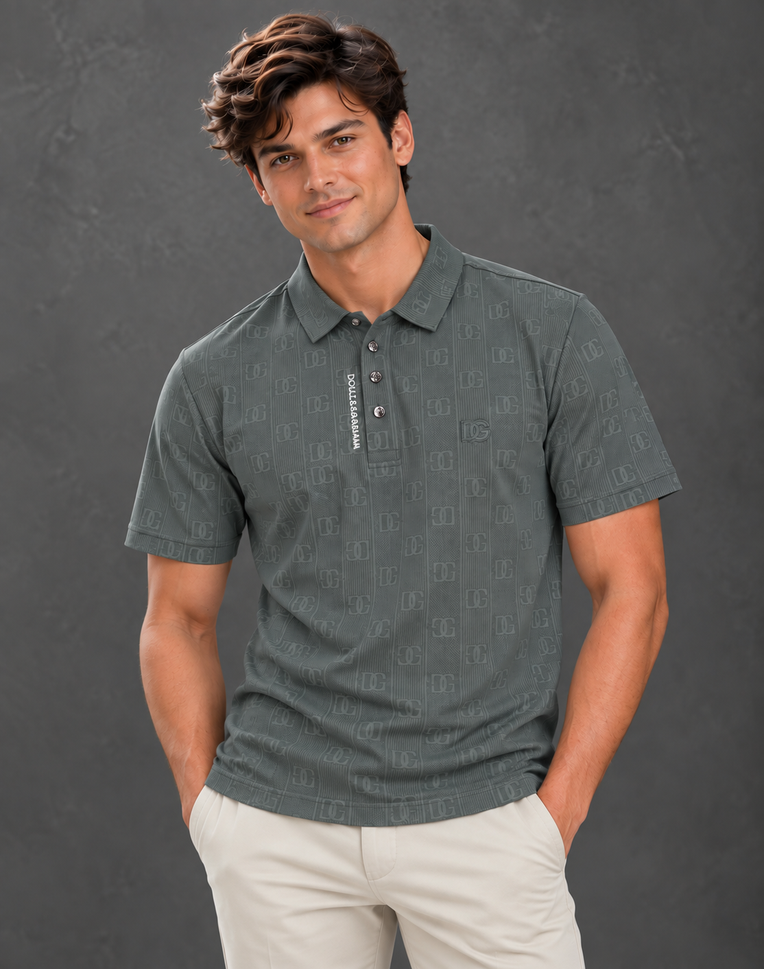 Dolce & Gabbana Men's Khaki Grey Monogram Jacquard Short Sleeve Polo Shirt