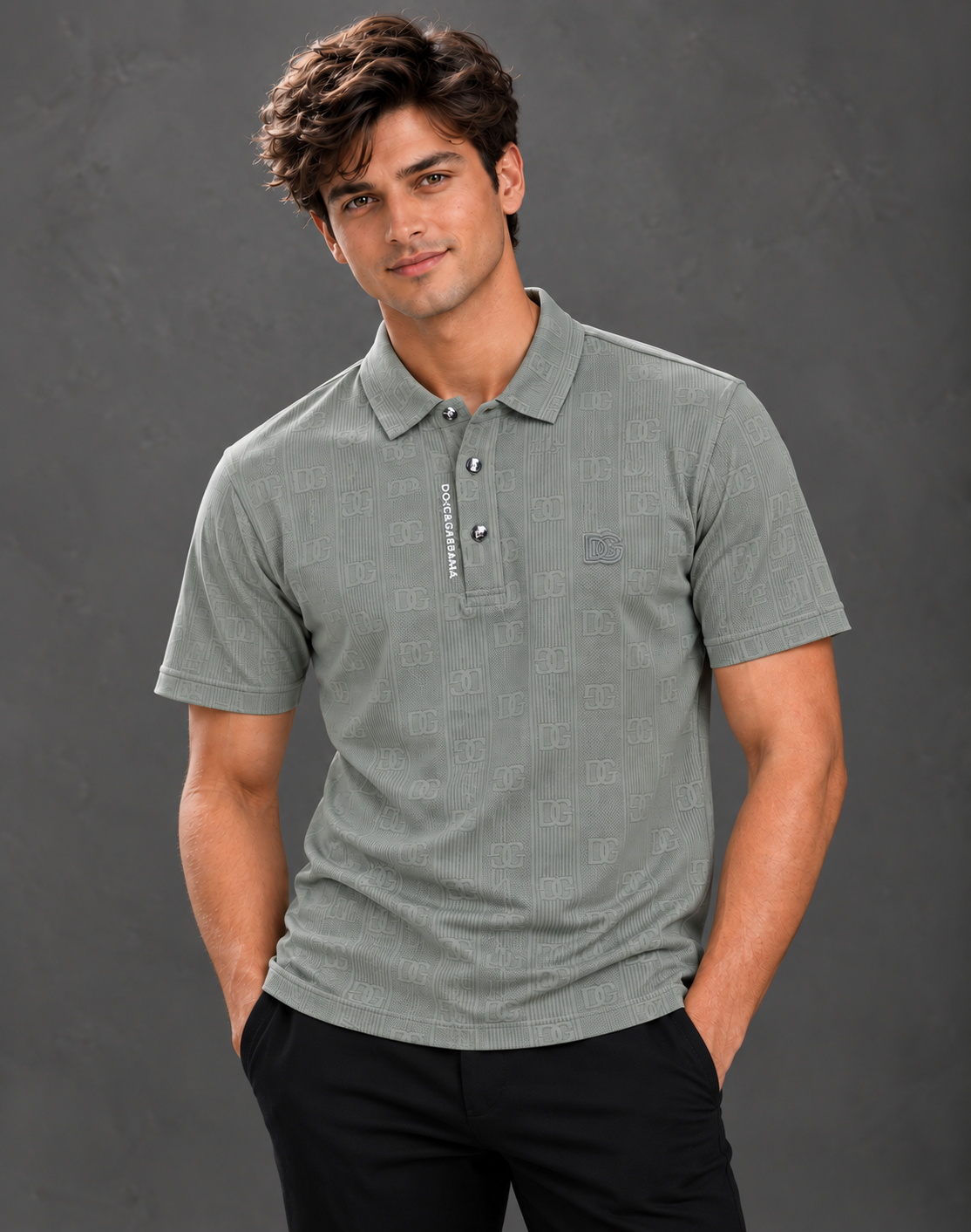 Dolce & Gabbana Men's Khaki Grey Monogram Jacquard Short Sleeve Polo Shirt