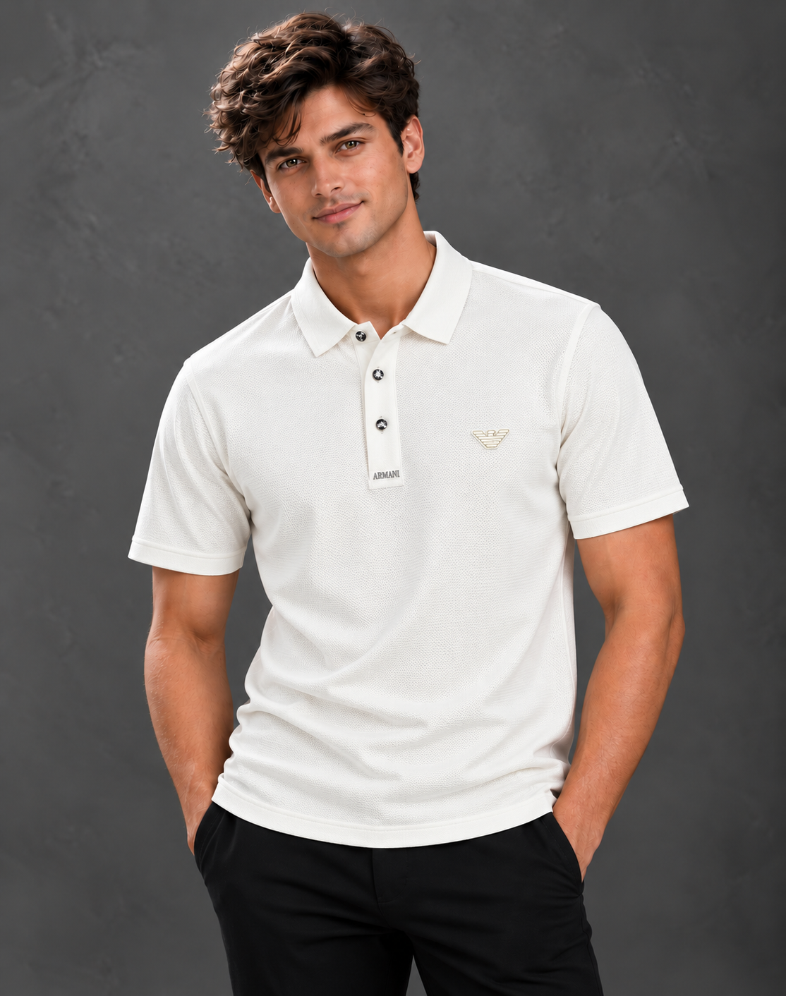 Emporio Armani Men's Off-White Waffle Knit Short Sleeve Polo Shirt