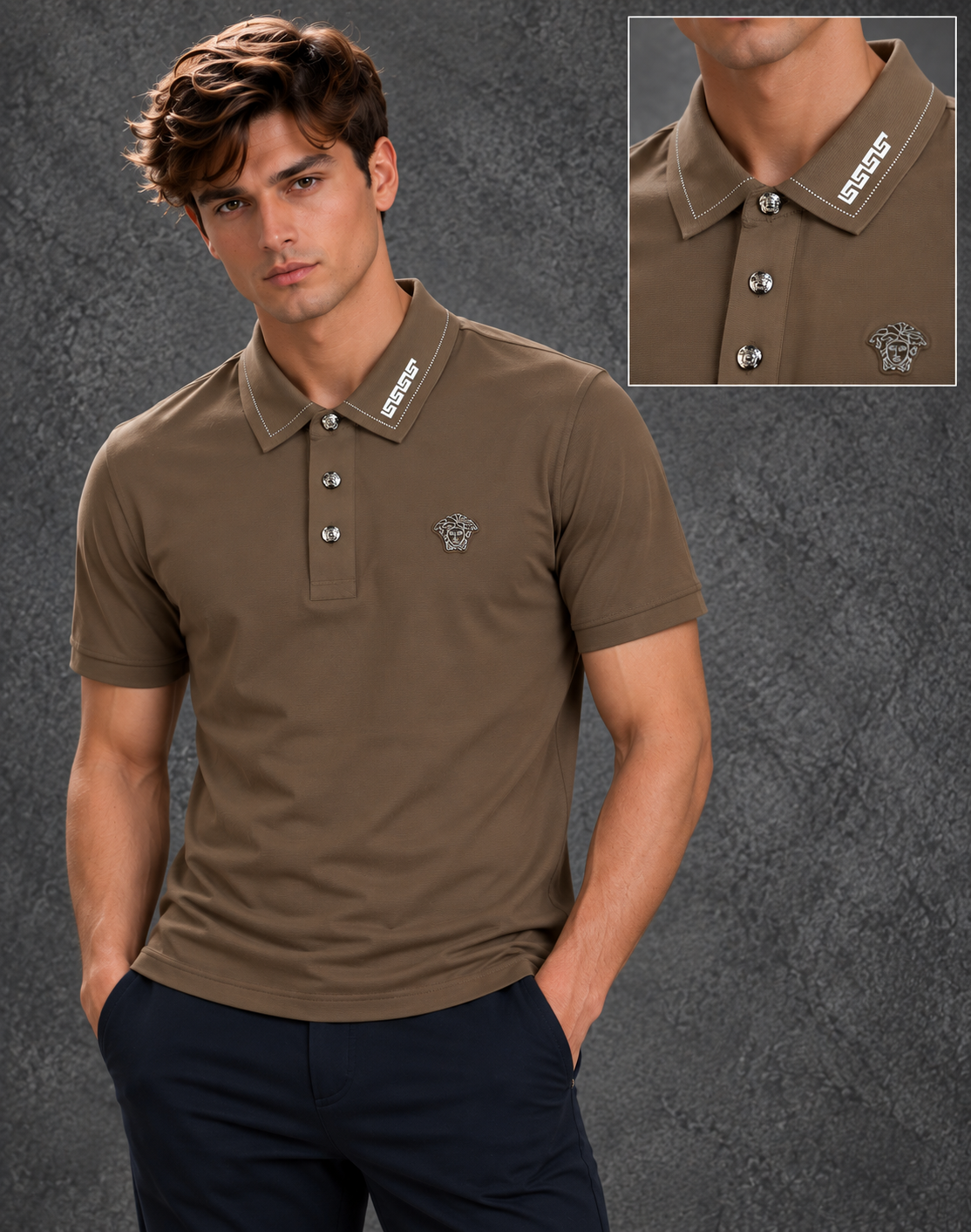 Versace Men's Khaki Brown Greca Trim Short Sleeve Polo Shirt