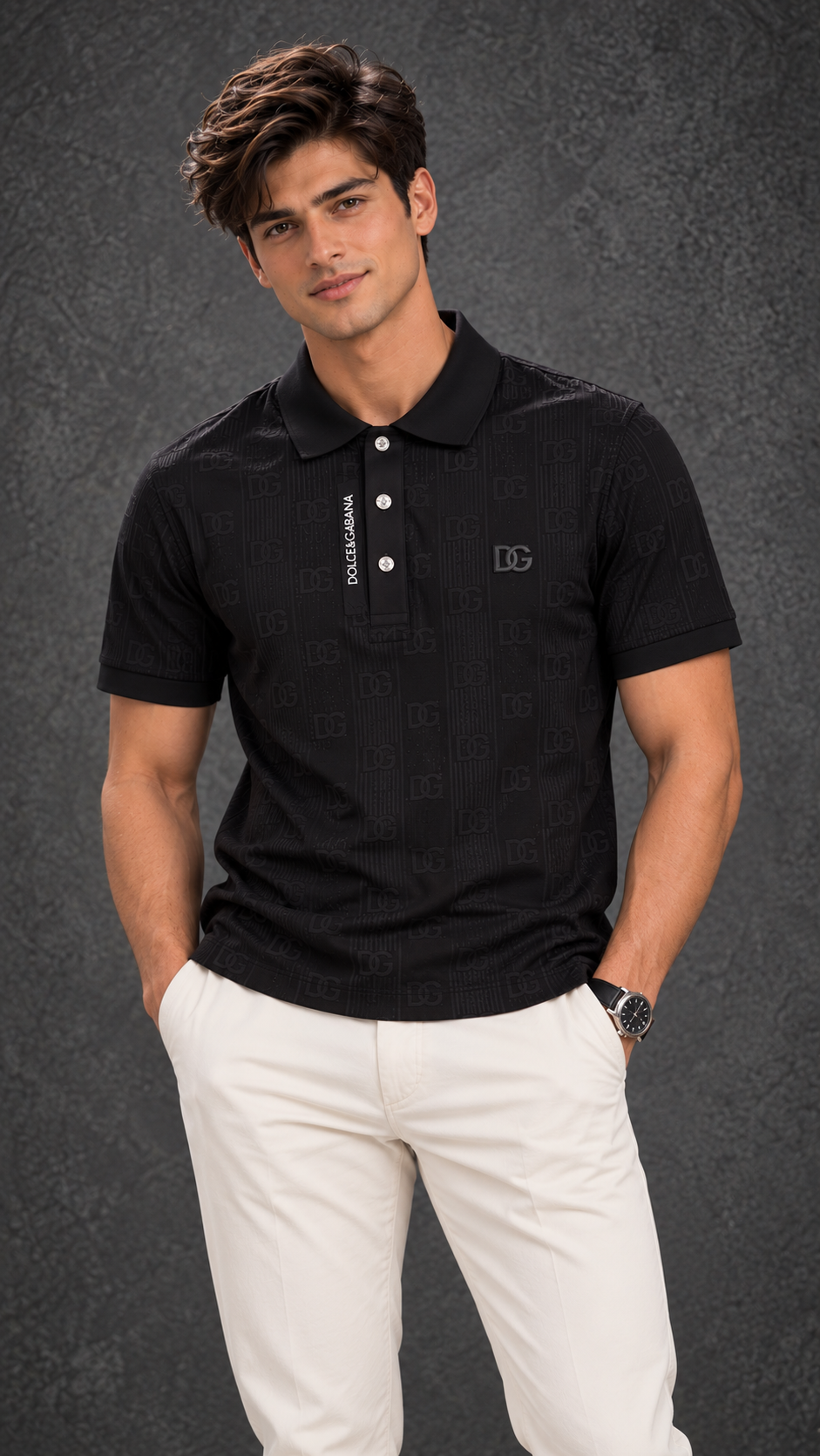 Dolce & Gabbana Men's All-Black Monogram Jacquard Short Sleeve Polo Shirt