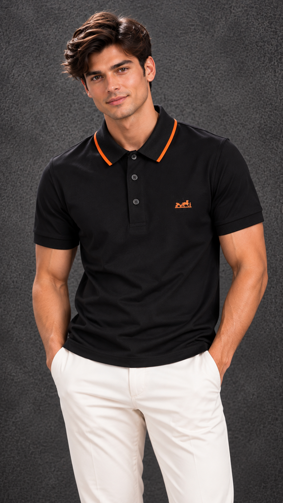 Hermes Men's Black & Signature Orange Trim Short Sleeve Polo Shirt