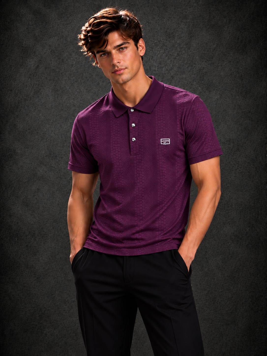 Lacoste Men's Deep Purple Textured Short Sleeve Polo Shirt