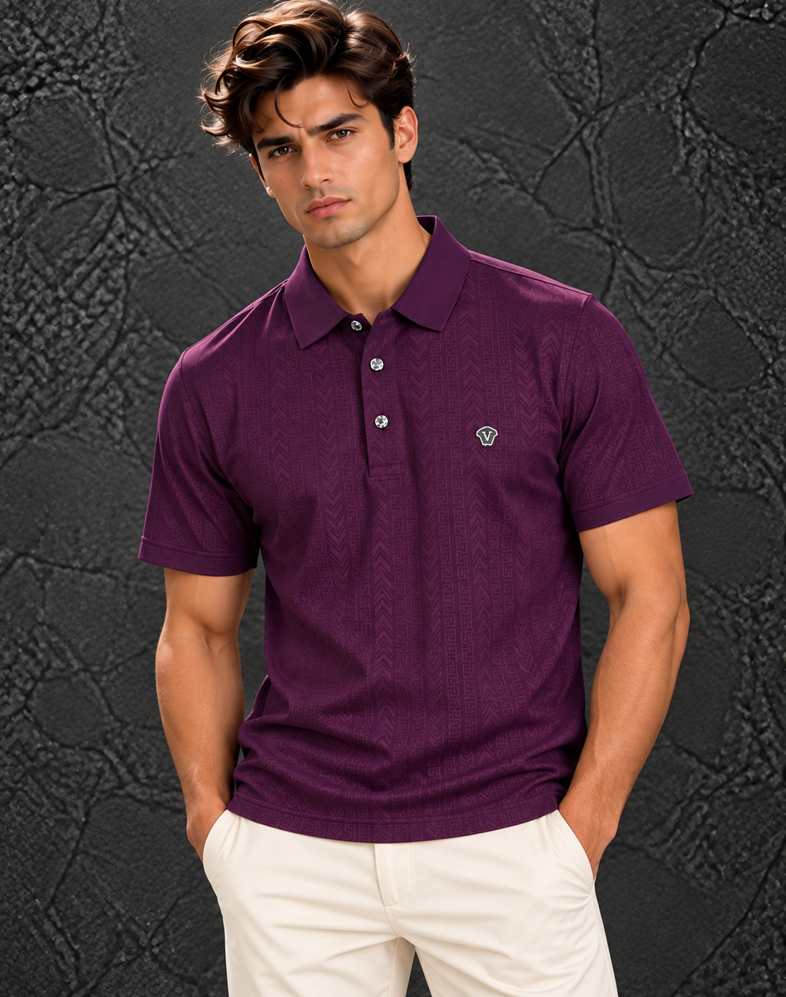 Versace Men's Purple Allover Greca Monogram Short Sleeve Polo Shirt