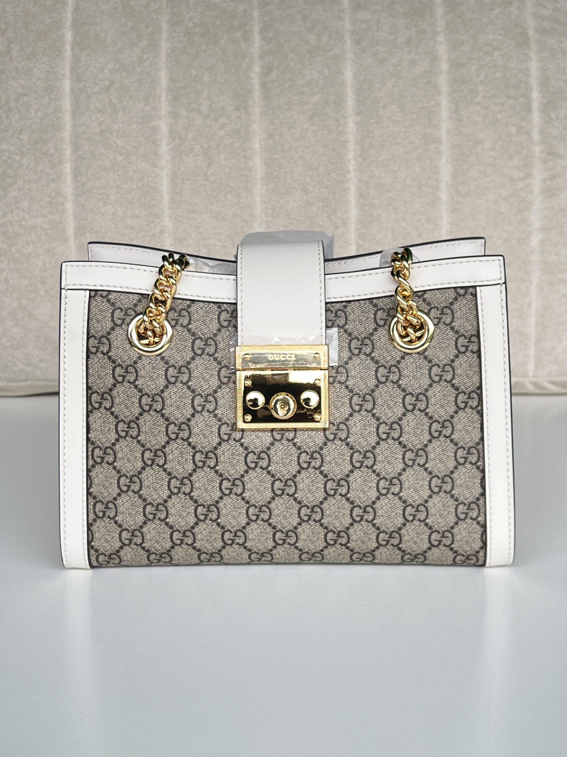 Gucci Padlock Small GG Supreme Shoulder Bag with White Leather Trim