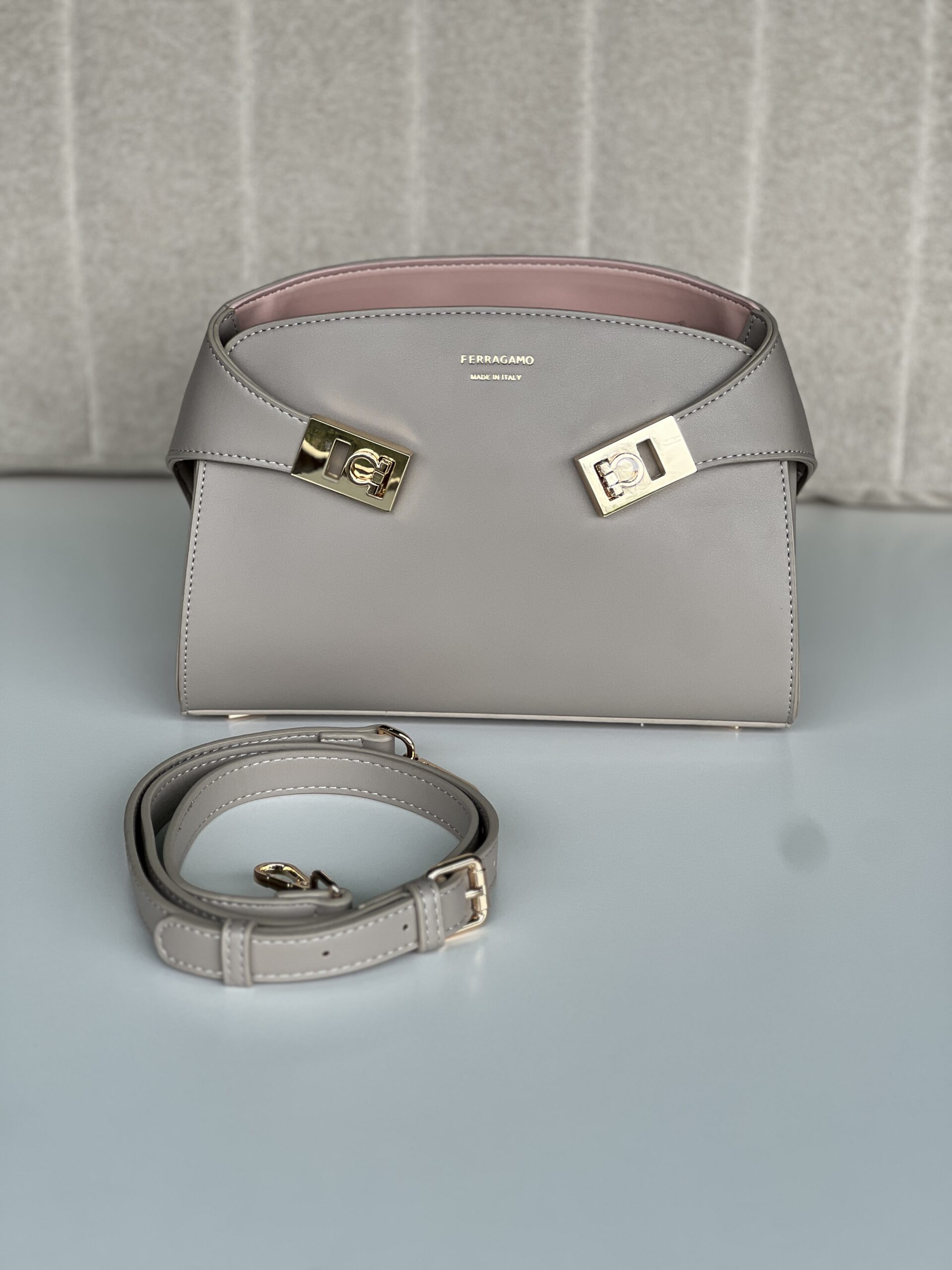 Ferragamo Mini Hug Crossbody Bag in Ash Grey Leather