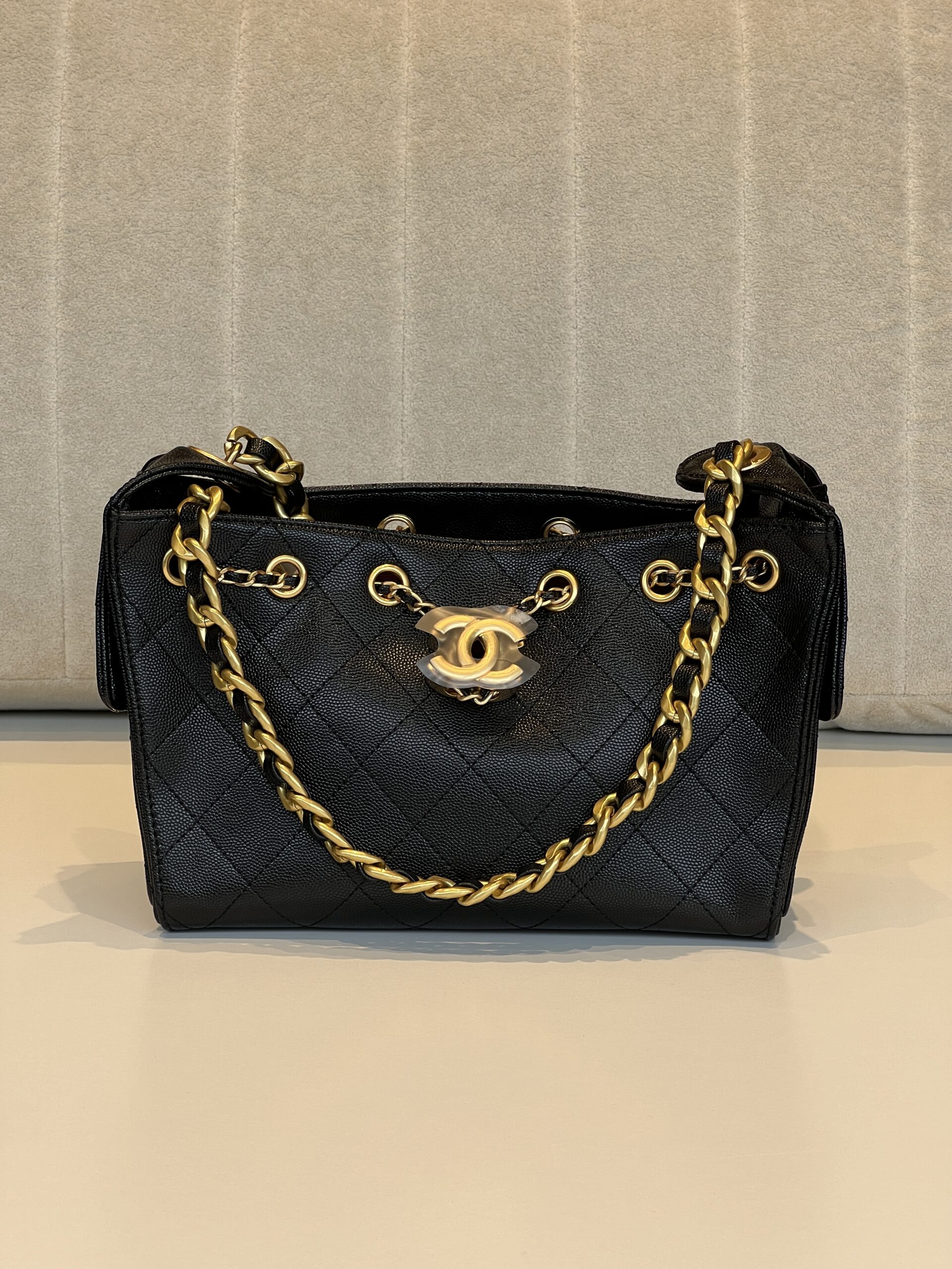 Chanel Small Quilted Black Caviar Drawstring Bucket Bag