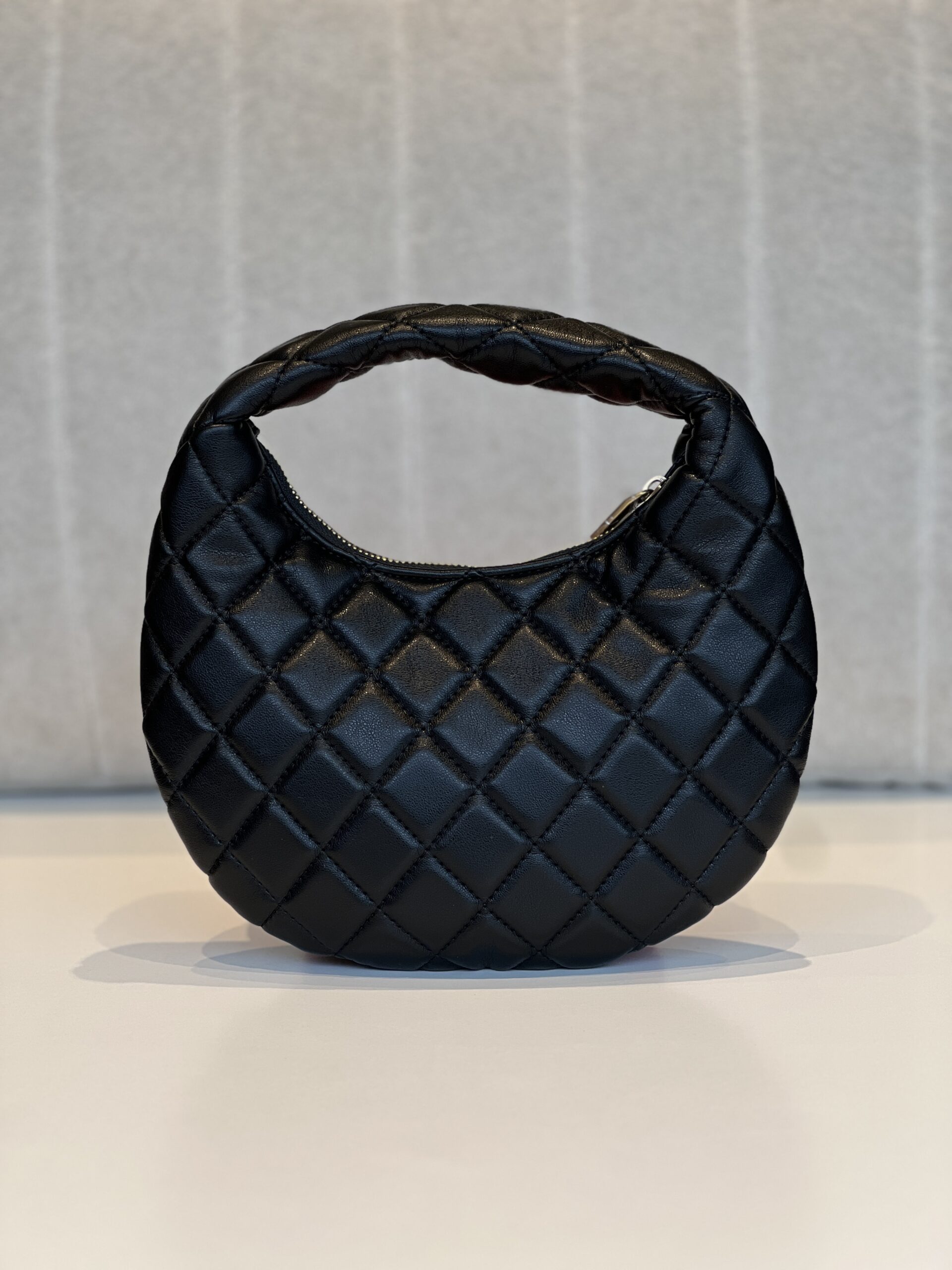 Noir Luxe Diamond-Quilted Crescent Bag in Black Nappa Leather