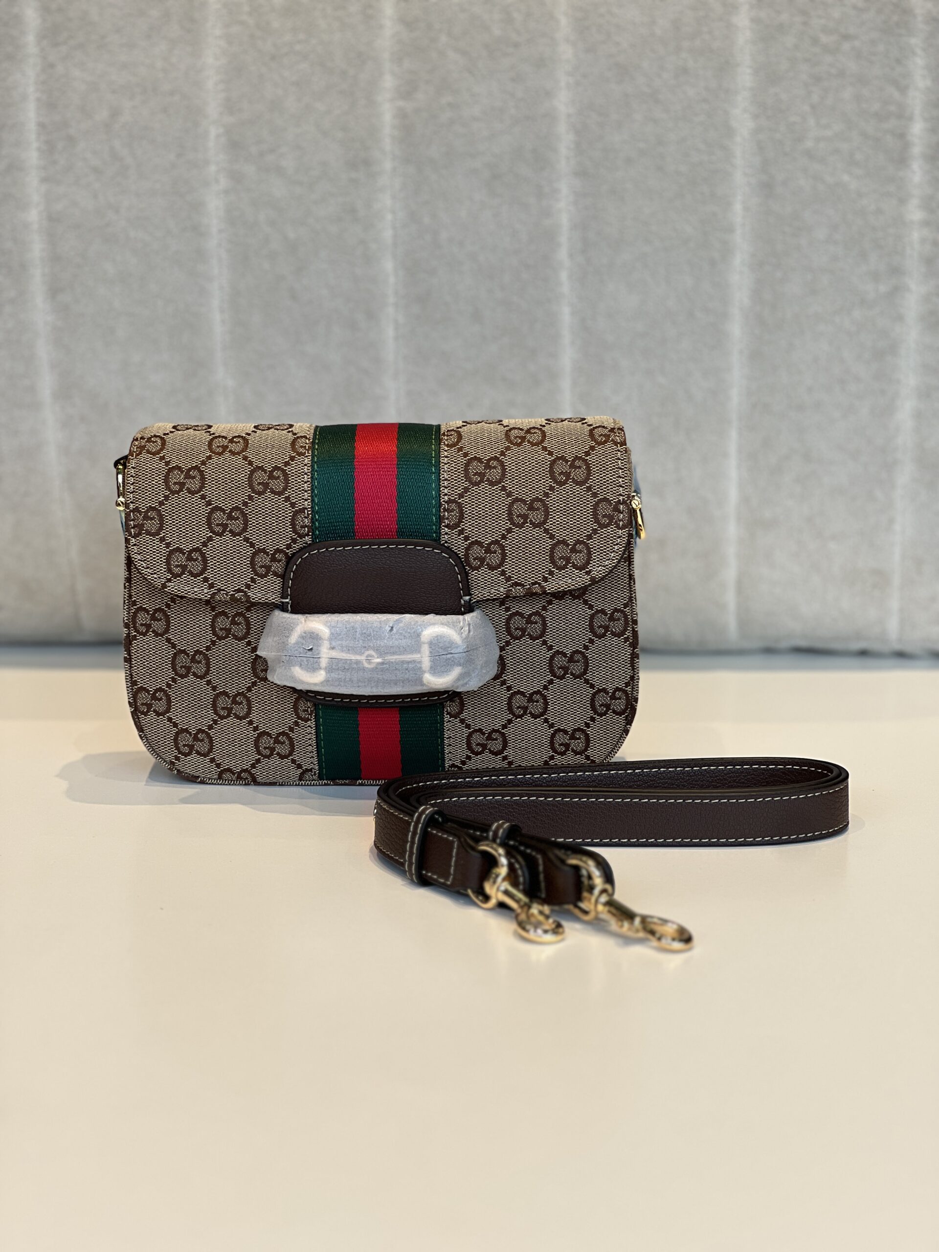 Gucci Horsebit 1955 Small Shoulder Bag in Sand and Brown GG Canvas