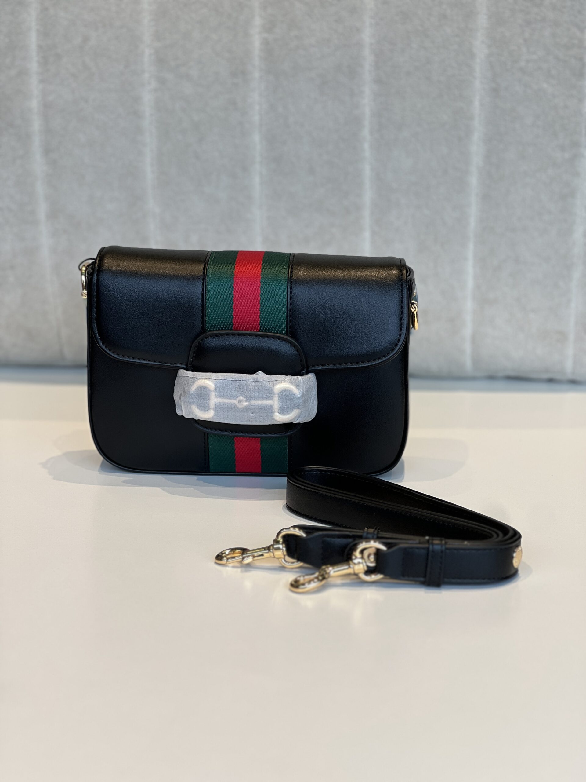 Gucci Horsebit 1955 Small Shoulder Bag in Black Leather with Web
