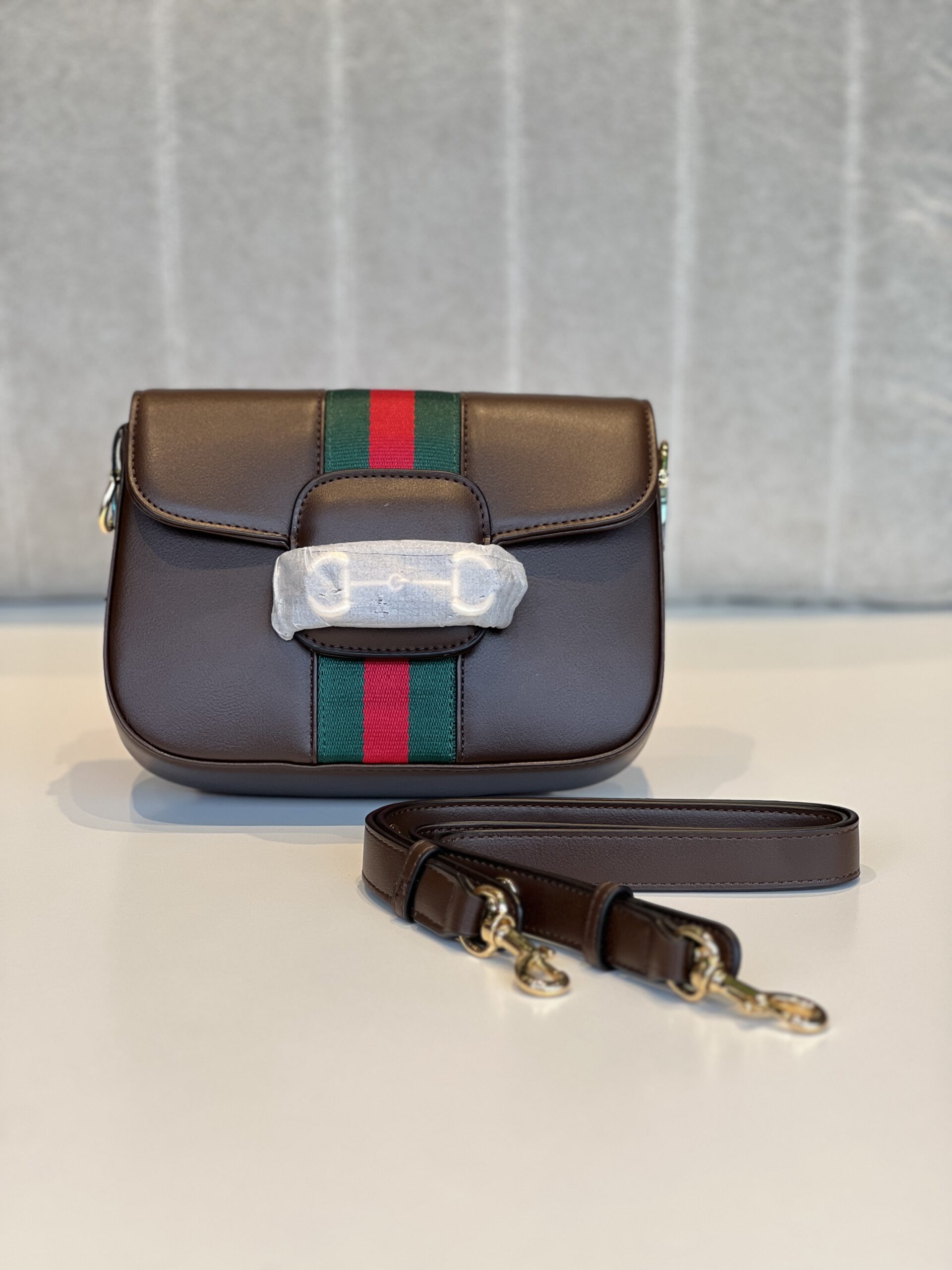 Gucci Horsebit 1955 Small Shoulder Bag in Brown Leather with Web