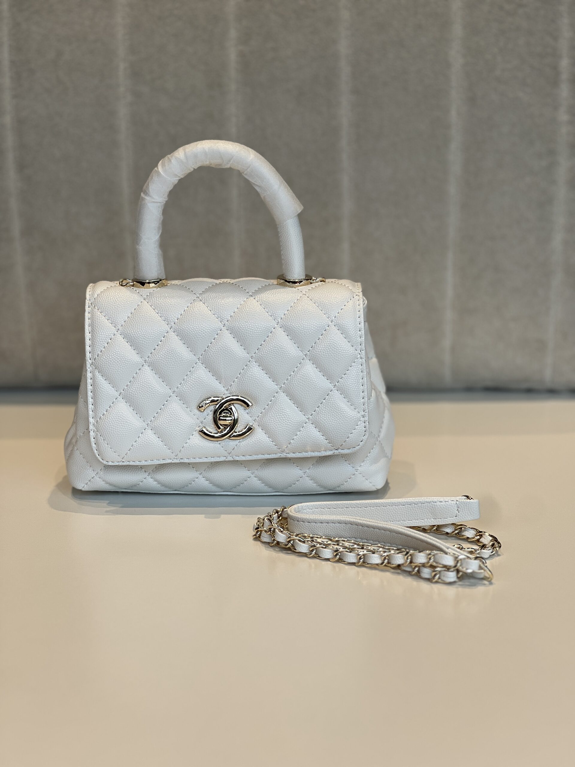 Chanel Coco Handle Small Bag in White Caviar Leather with Gold-Tone Hardware