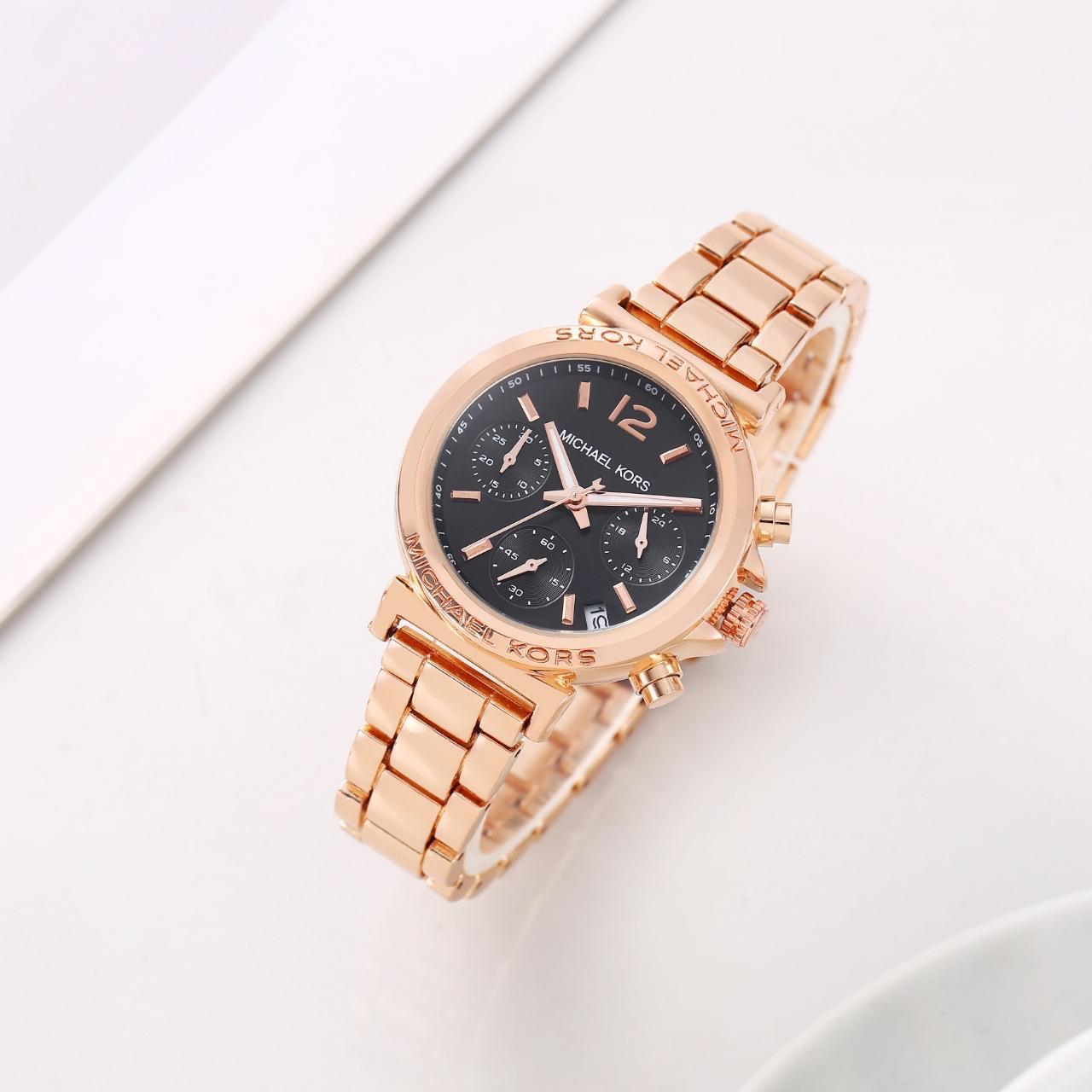 Michael Kors Maren Women's Chronograph Watch in Rose Gold-Tone Stainless Steel with Black Dial