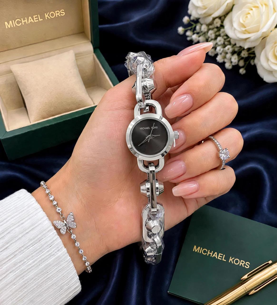 Michael Kors Astor Link Women's Watch in Silver-Tone Stainless Steel with Black Dial