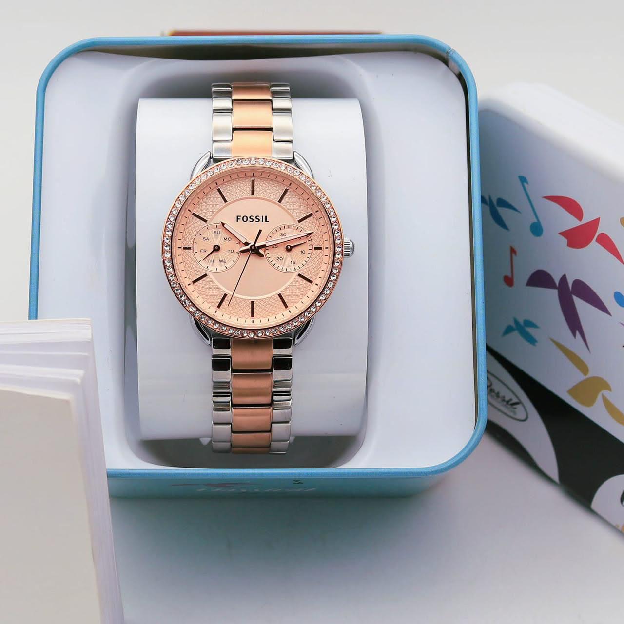 Fossil Tailor Women's Multifunction Watch in Two-Tone Stainless Steel with Rose Gold Dial