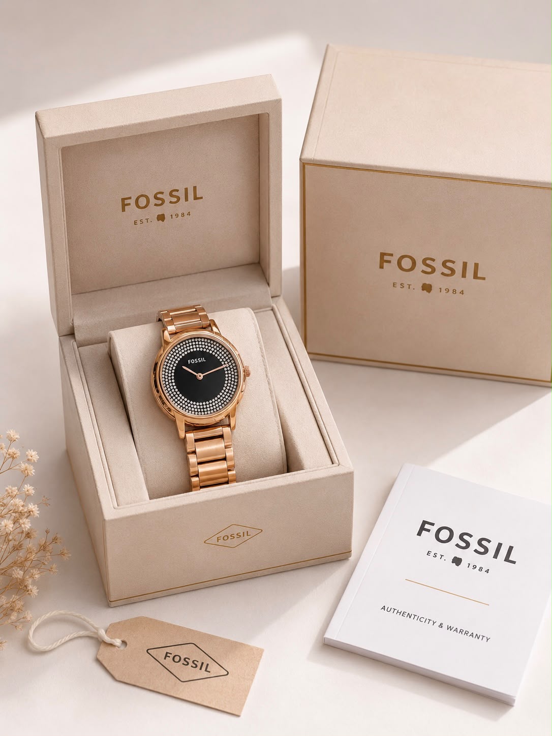 Fossil Scarlette Mini Women's Watch in Rose Gold-Tone Stainless Steel with Crystal Ring Black Dial (Model: ES5341)