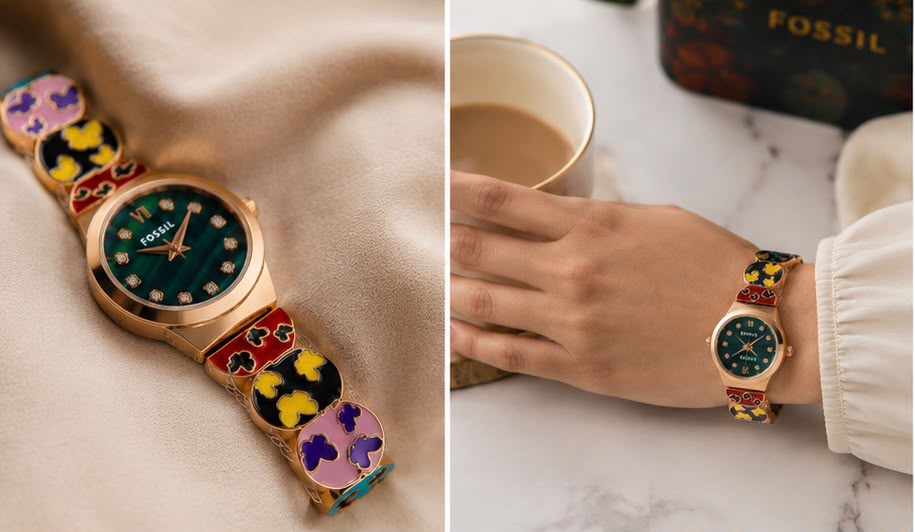 Fossil Style Rose Gold & Emerald Green Dial Watch with Colorful Enamel Butterfly Bracelet