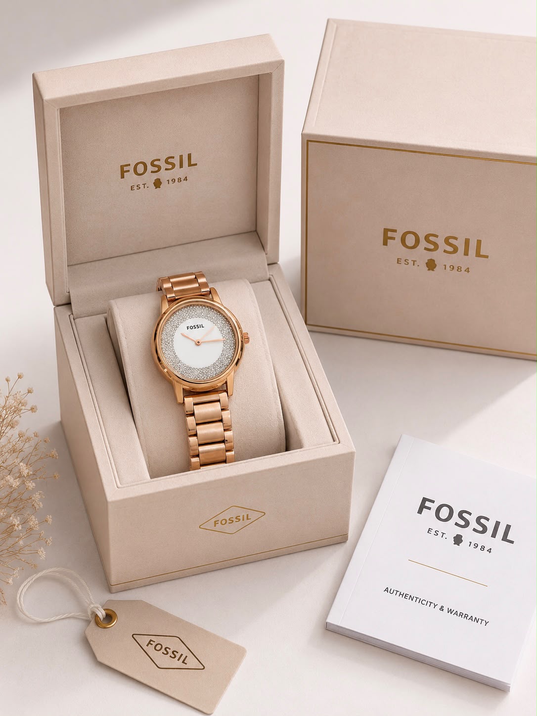 Fossil Scarlette Mini Women's Watch in Rose Gold-Tone Stainless Steel with Crystal Ring White Dial (Model: ES5339)
