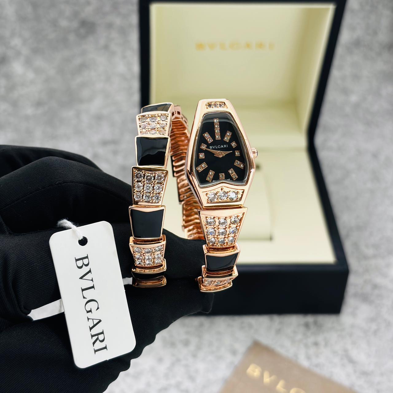 BVLGARI Serpenti Style Rose Gold Watch with Black Enamel & Diamond Accent Bracelet