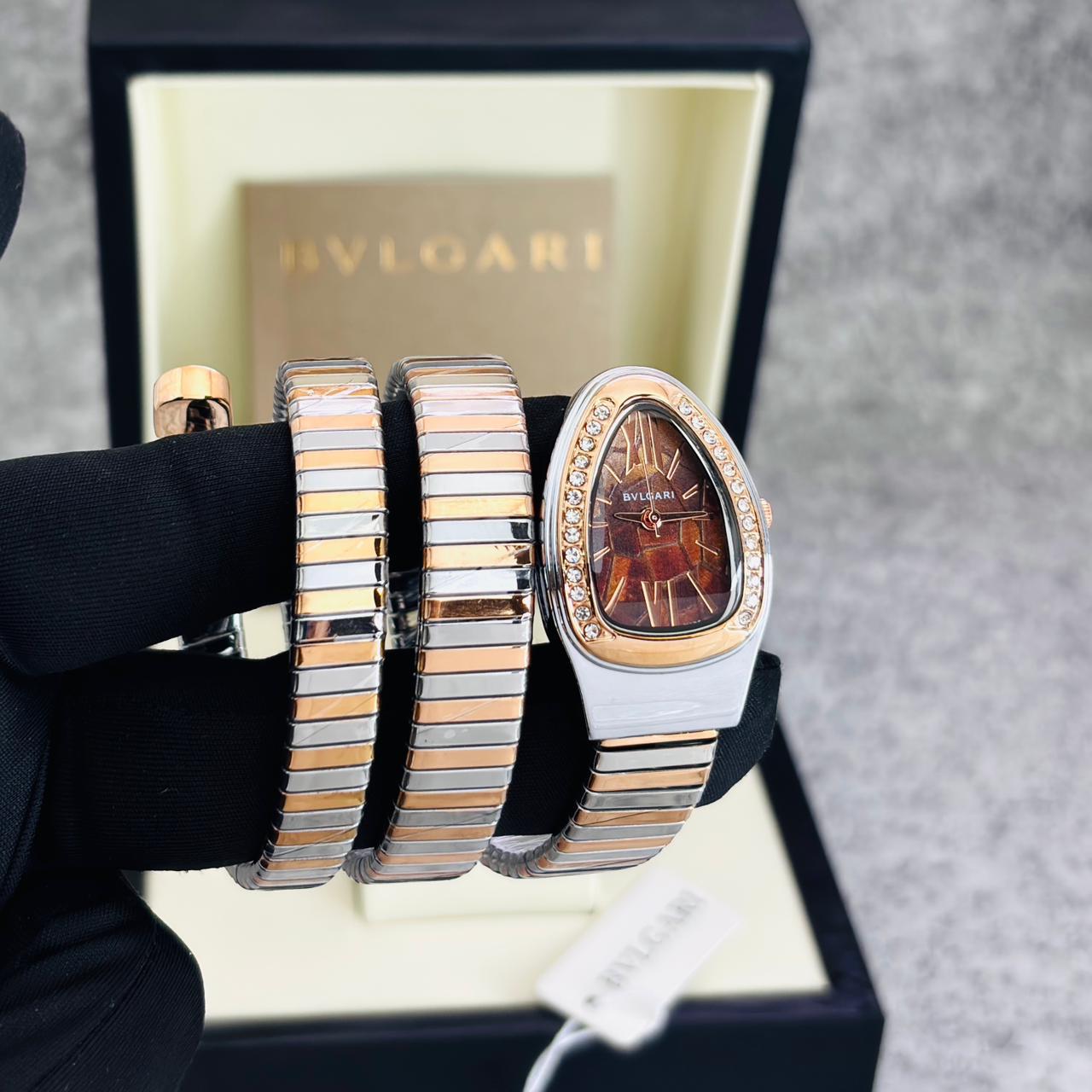 BVLGARI Serpenti Tubogas Style Two-Tone Watch with Brown Tiger's Eye Dial