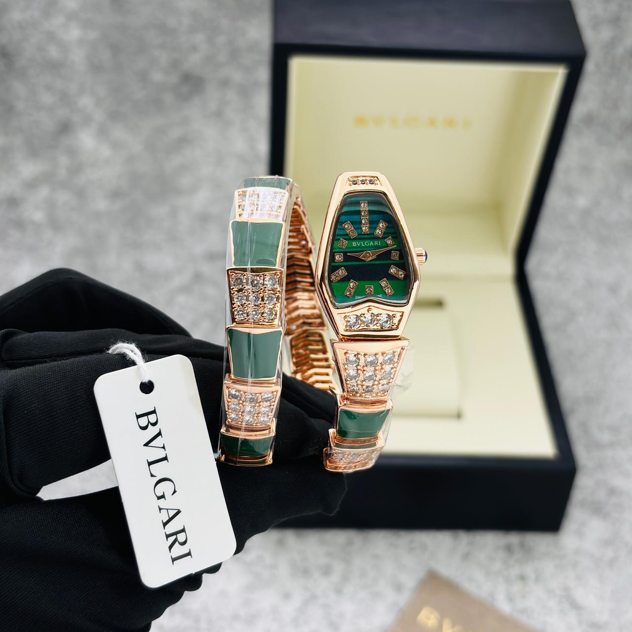 BVLGARI Serpenti Style Rose Gold Watch with Green Enamel & Diamond Accent Bracelet