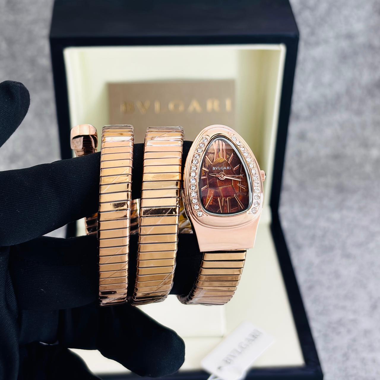 BVLGARI Serpenti Tubogas Style Rose Gold Watch with Brown Tiger's Eye Dial