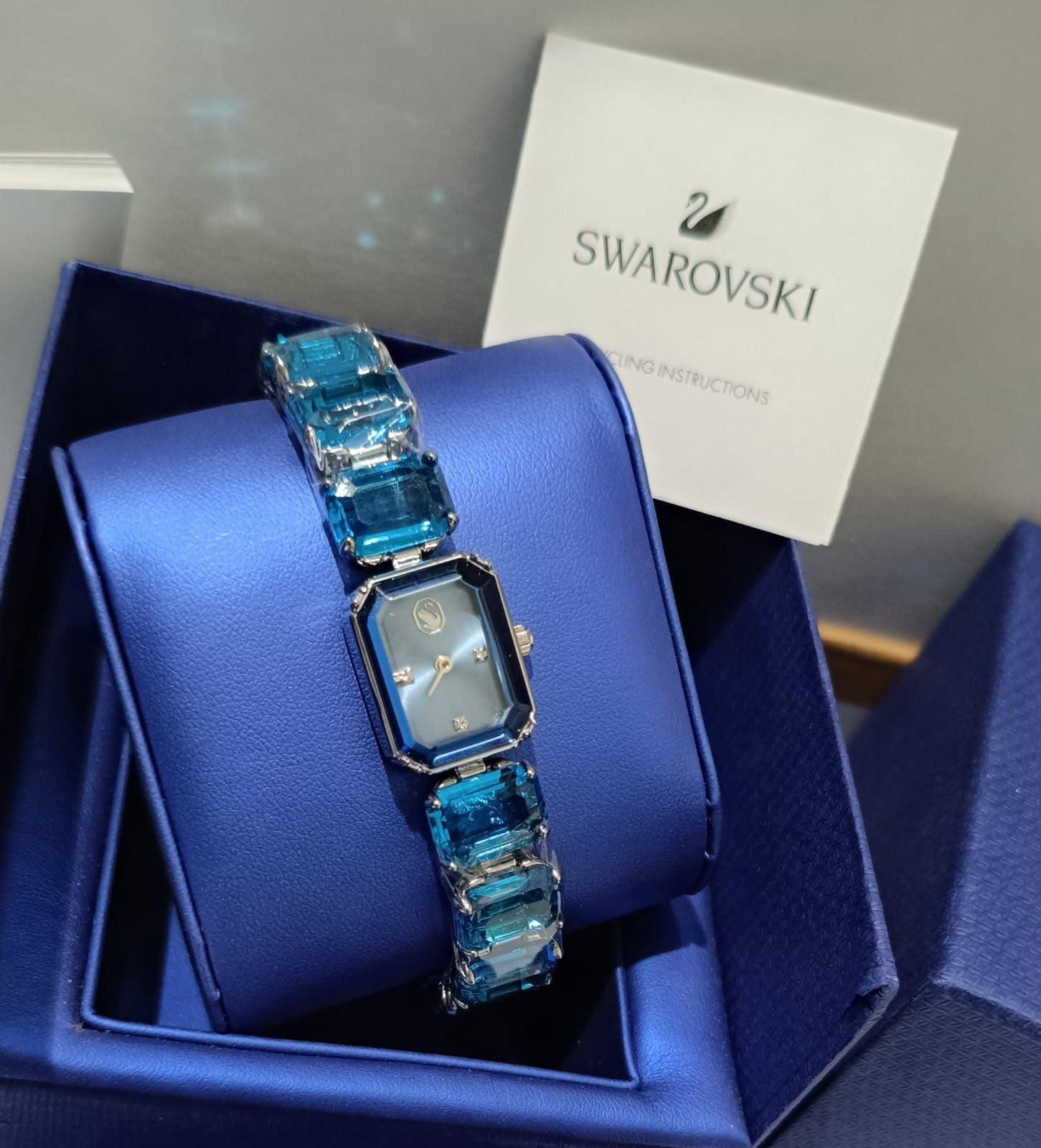 Swarovski Matrix Bangle Watch with Blue Octagon-Cut Crystal Links and Blue Dial