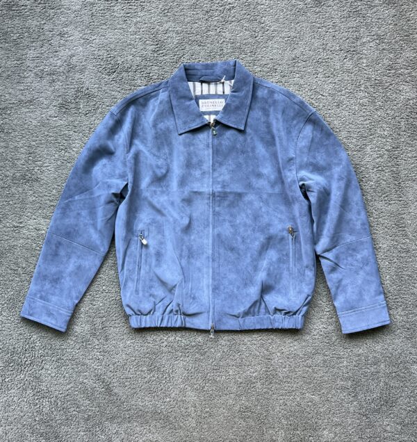 Brunello Cucinelli Men's Steel Blue Luxury Faux Suede Bomber Jacket