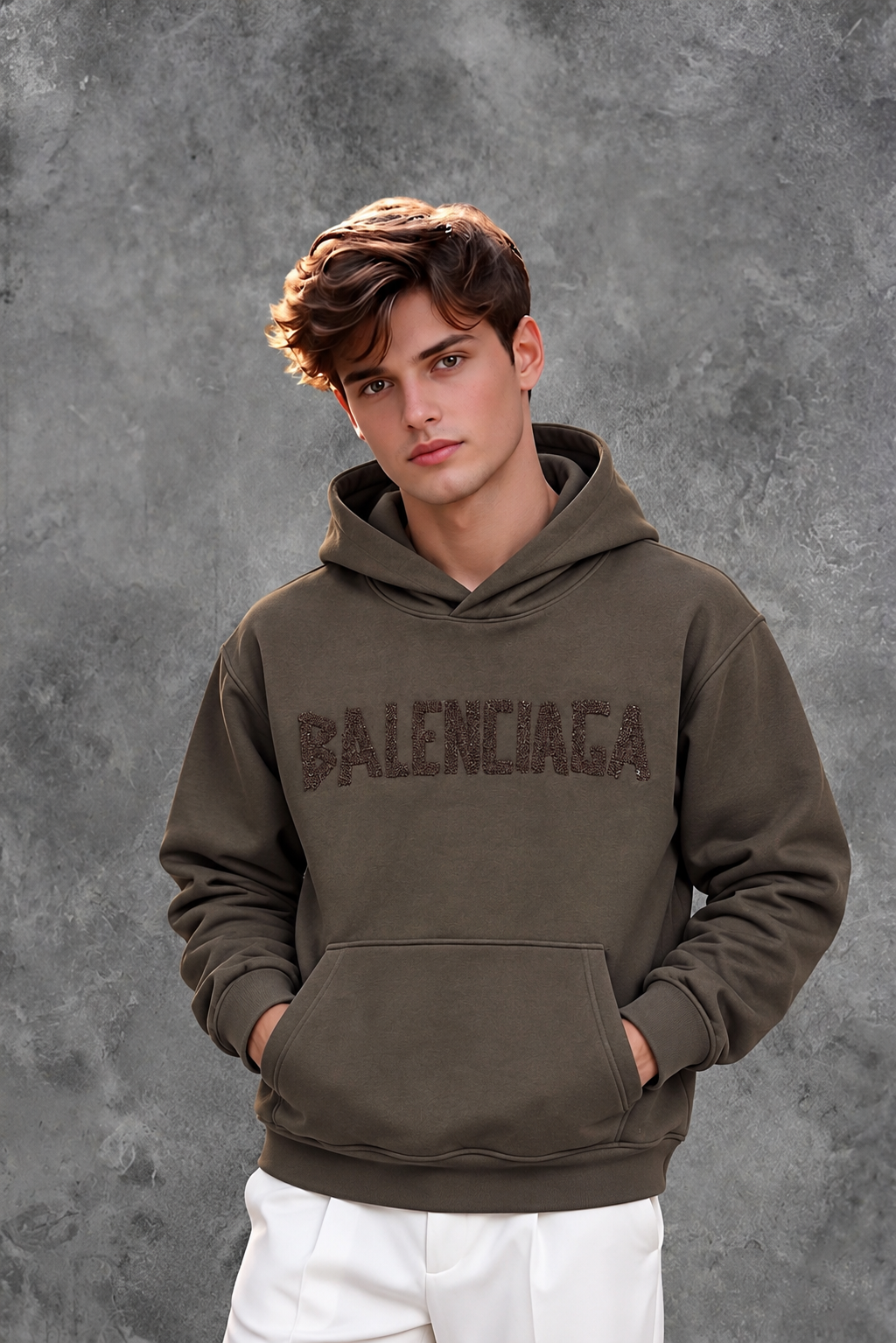 Balenciaga Men's Khaki Brown Shimmer Rhinestone Logo Hooded Sweatshirt