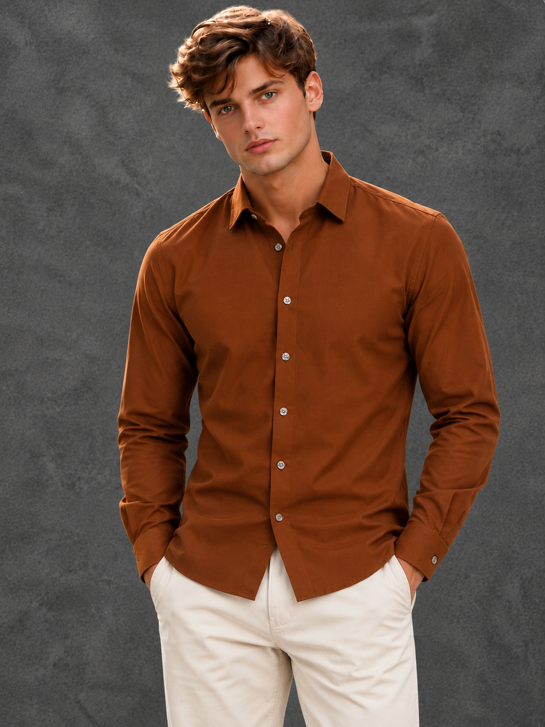 Lusso Milano Men's Satin Solid Dress Shirt – Luxury Chestnut Brown