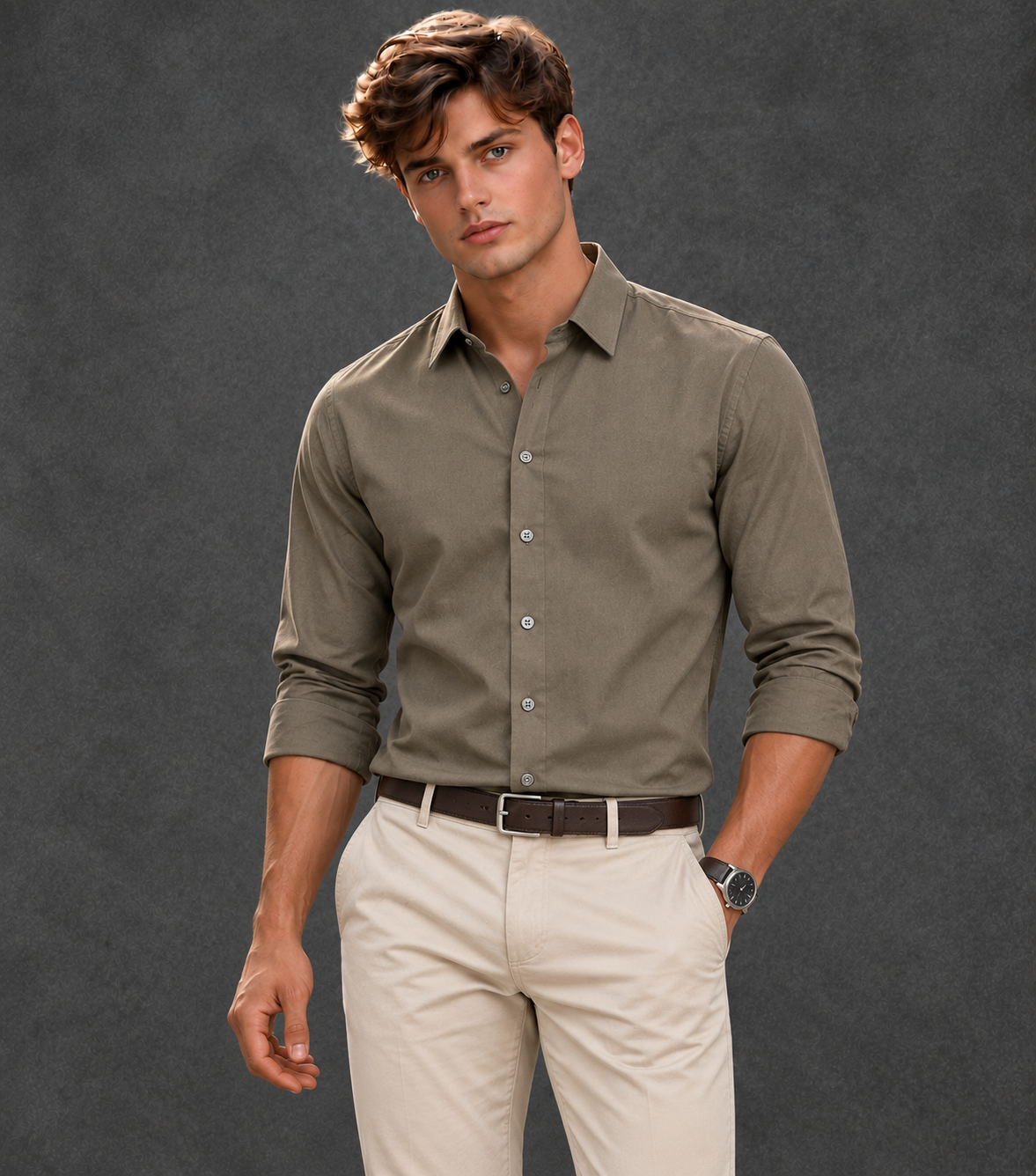 Lusso Milano Men's Satin Solid Dress Shirt – Luxury Khaki Sage