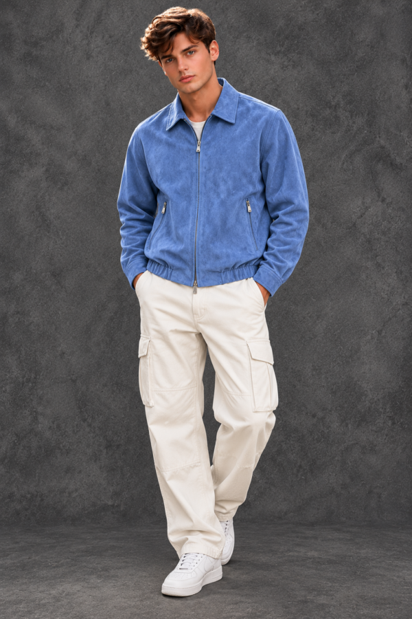 Brunello Cucinelli Men's Steel Blue Luxury Faux Suede Bomber Jacket