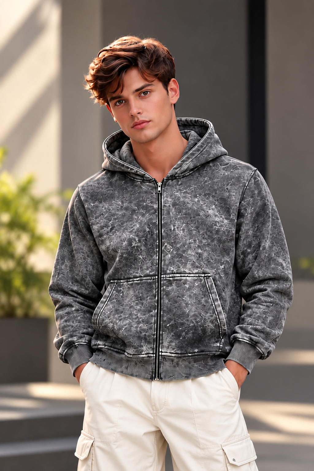 Balenciaga Men's Acid Wash Dark Grey Full-Zip Hooded Sweatshirt