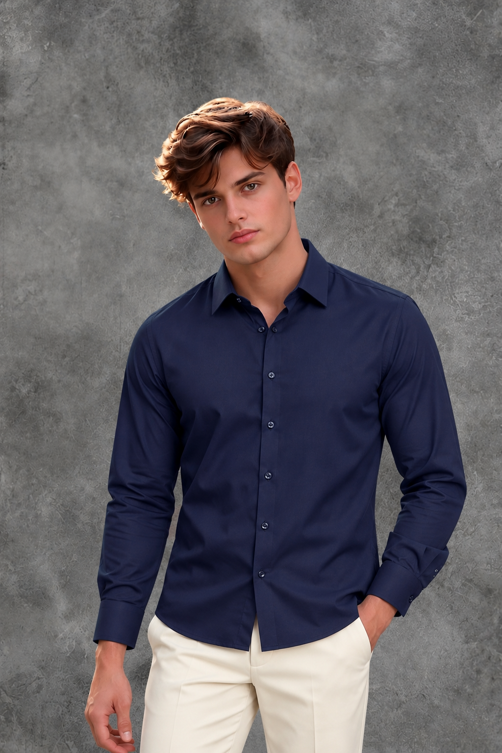 Prada Men's Navy Blue Tailored Silk-Blend Long Sleeve Dress Shirt