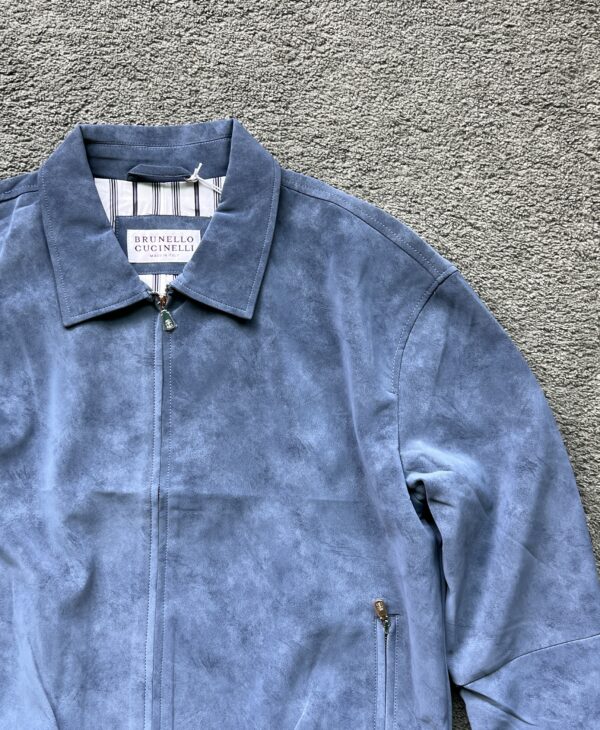 Brunello Cucinelli Men's Steel Blue Luxury Faux Suede Bomber Jacket