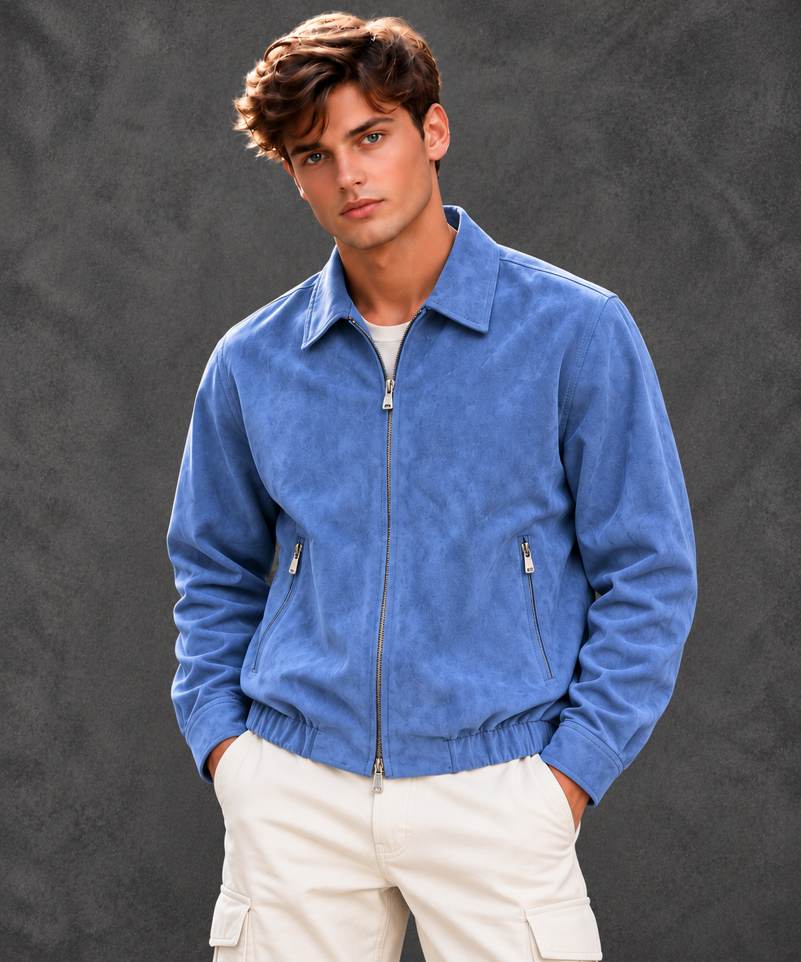 Brunello Cucinelli Men's Steel Blue Luxury Faux Suede Bomber Jacket