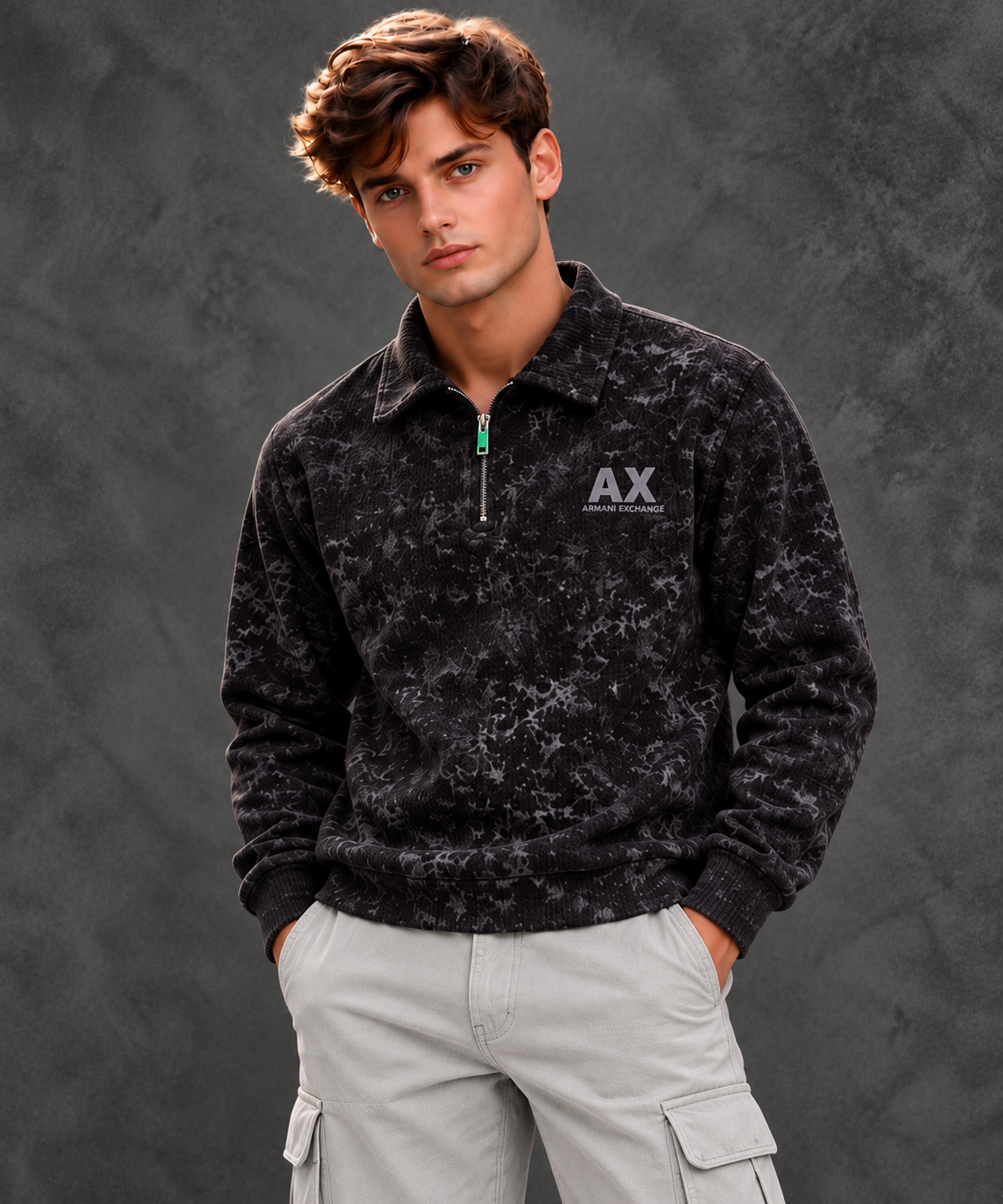 Armani Exchange Men's Acid Wash Black Quarter-Zip Fleece Sweatshirt