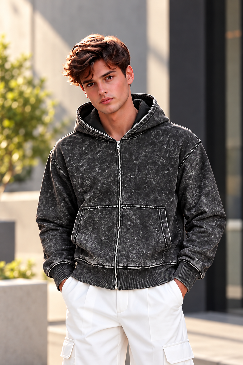 Balenciaga Men's Acid Wash Charcoal Black Full-Zip Hooded Sweatshirt