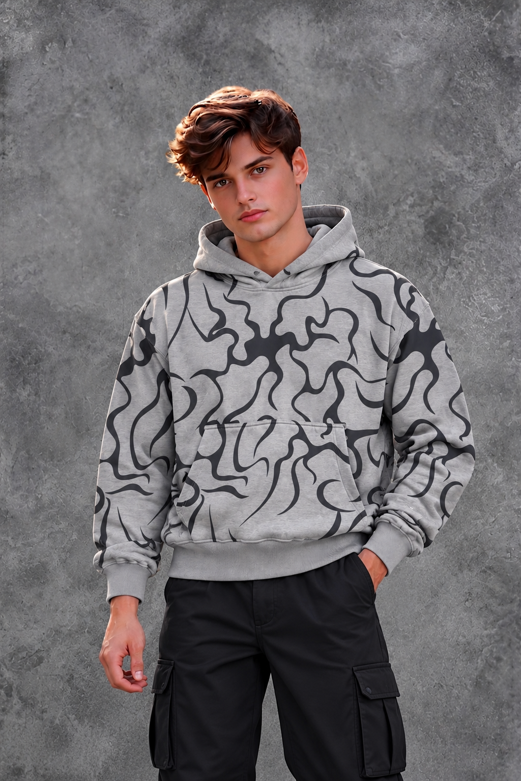 Stussy Men's Light Grey Allover Abstract Wavy Print Hooded Sweatshirt