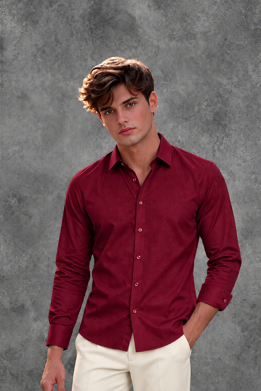 Prada Men's Burgundy Red Tailored Silk-Blend Long Sleeve Dress Shirt