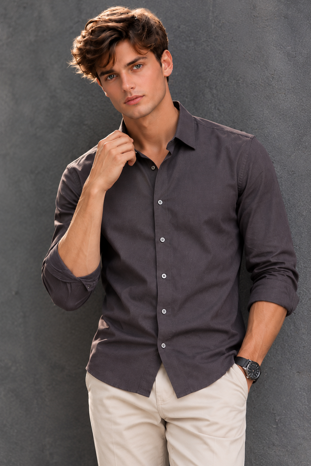 Lusso Milano Men's Premium Stretch Poplin Dress Shirt – Charcoal Gray