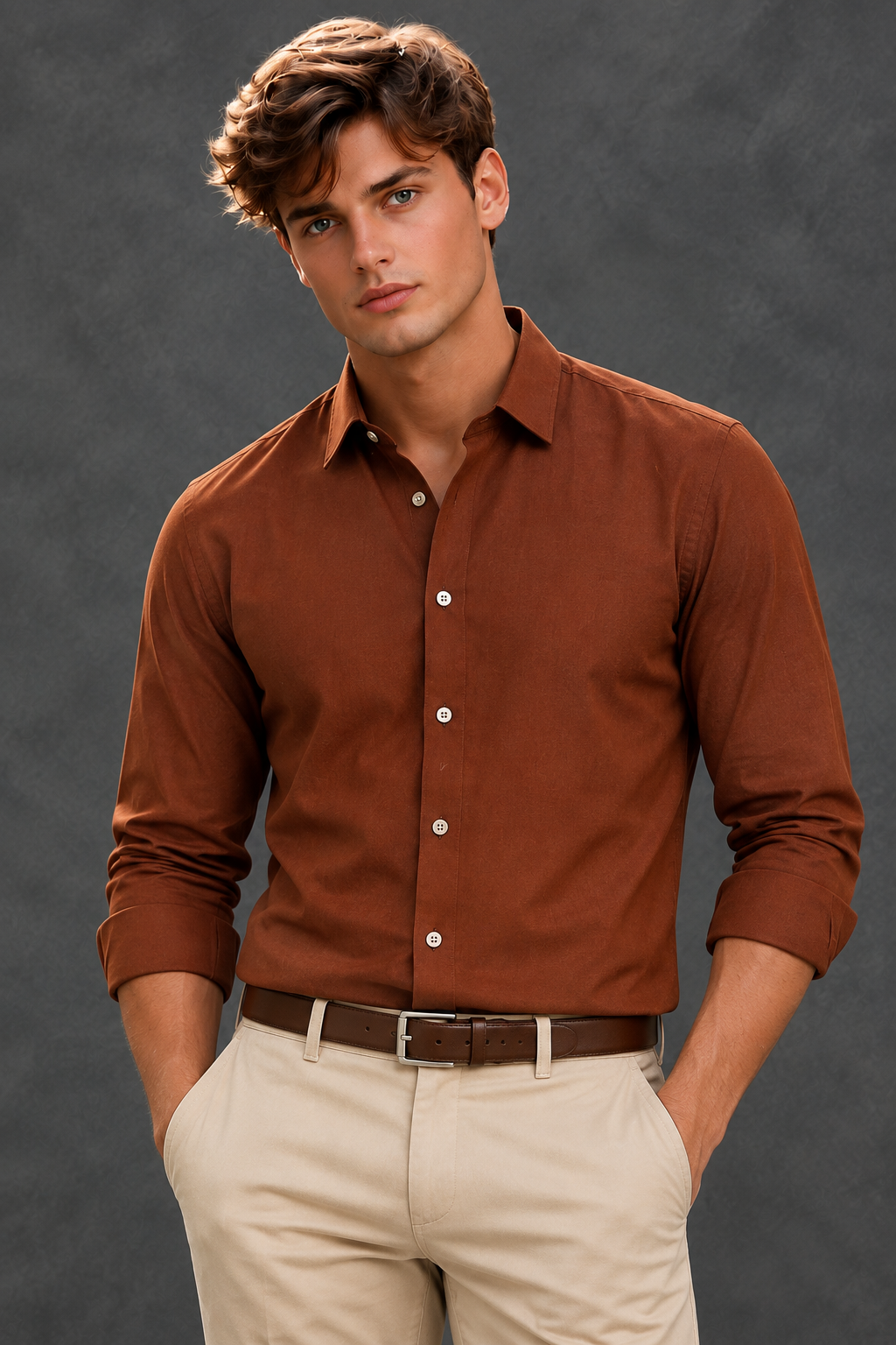 Lusso Milano Men's Premium Satin Solid Dress Shirt – Terracotta Orange