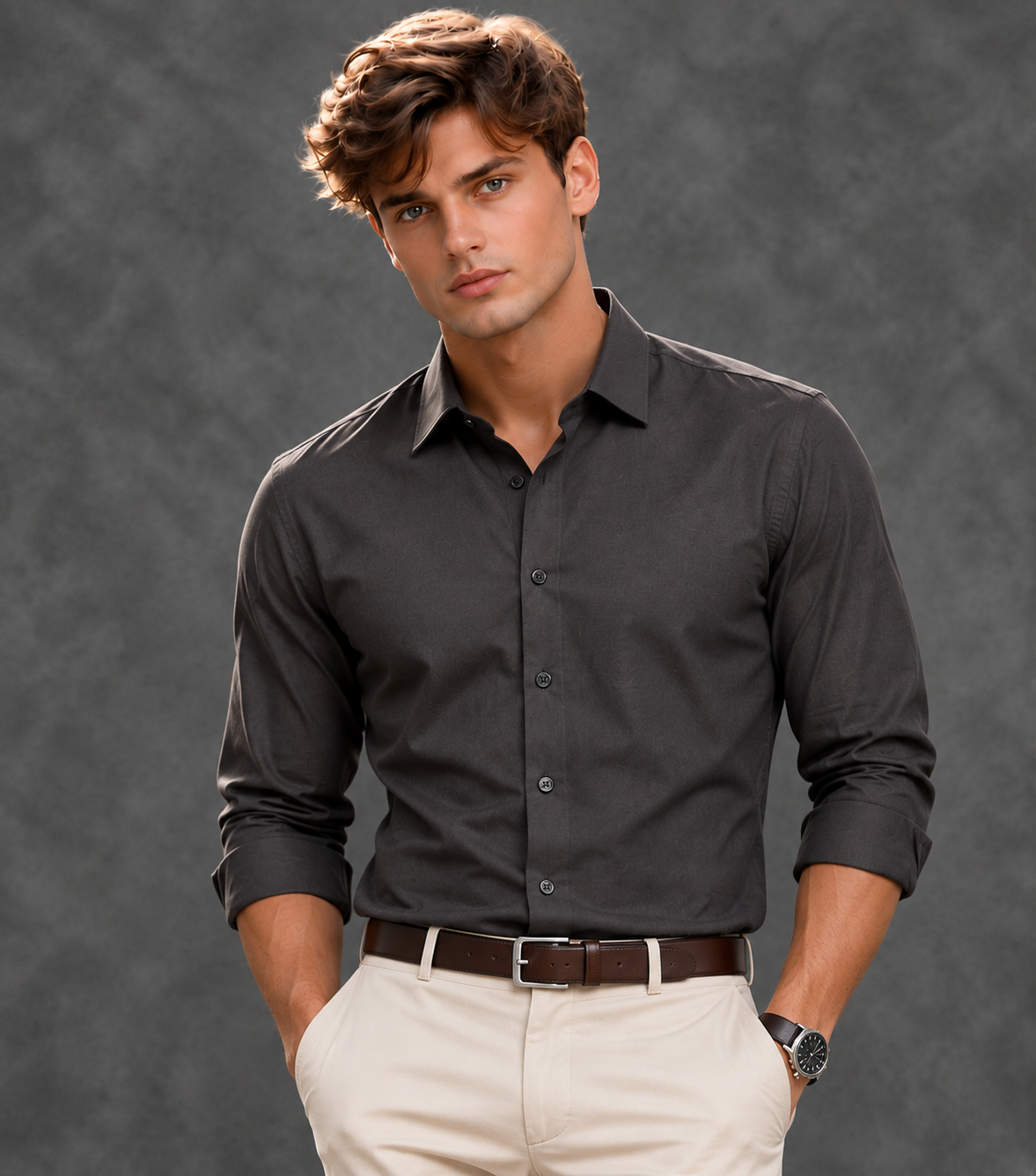 Lusso Milano Men's Satin Solid Dress Shirt – Luxury Dark Taupe