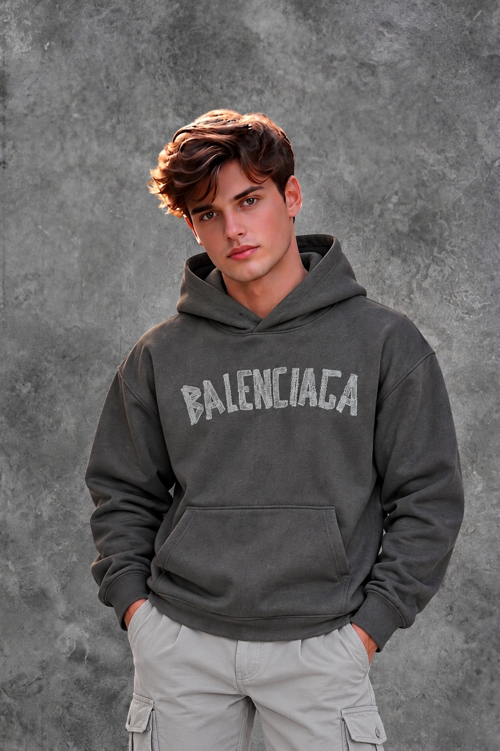 Balenciaga Men's Charcoal Black Tape Type Embroidered Hooded Sweatshirt
