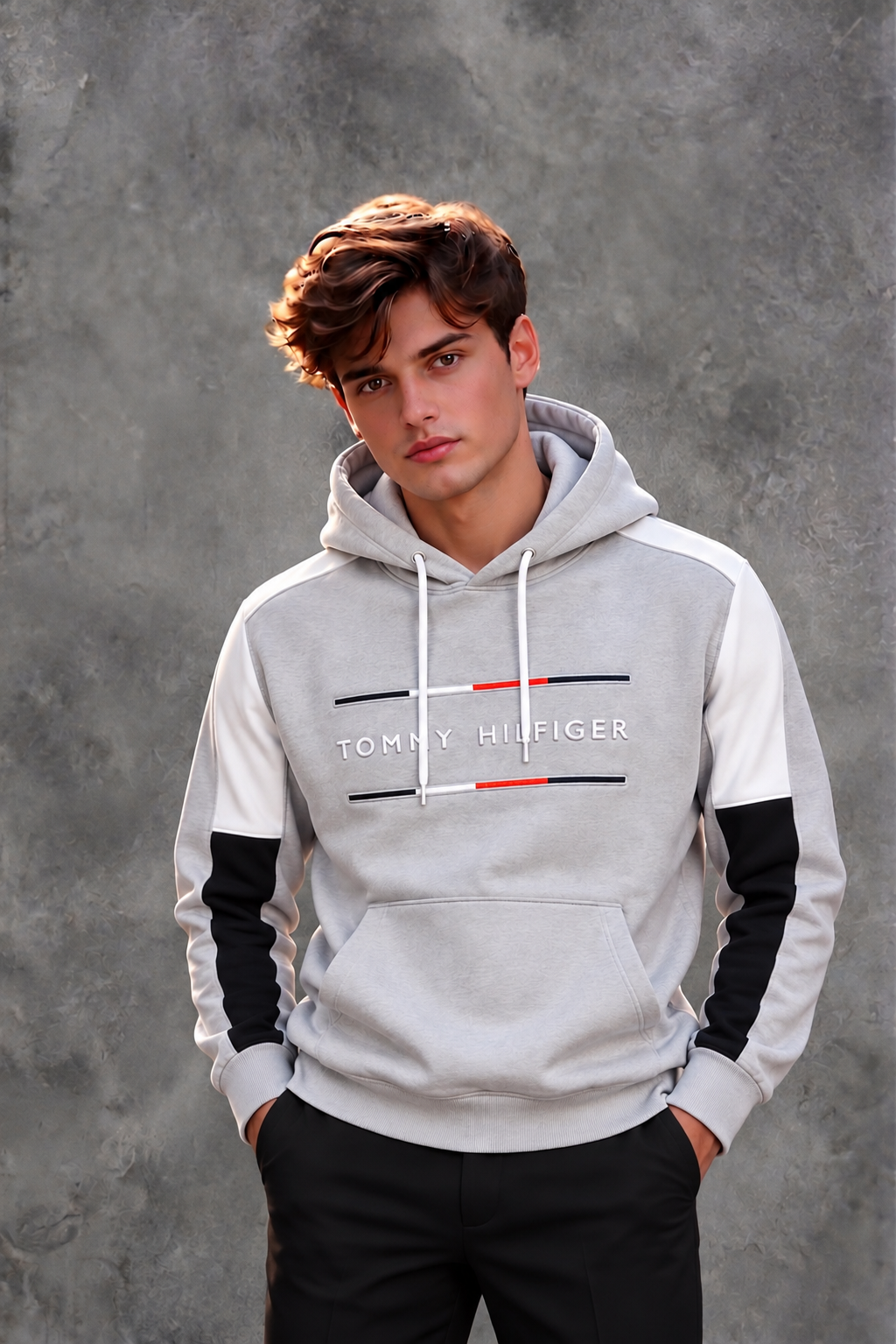 Tommy Hilfiger Men's Light Grey Colorblock Logo Hooded Sweatshirt