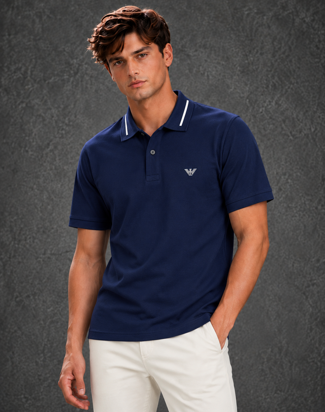 Emporio Armani Men's Navy Blue Tipped Trim Short Sleeve Polo Shirt